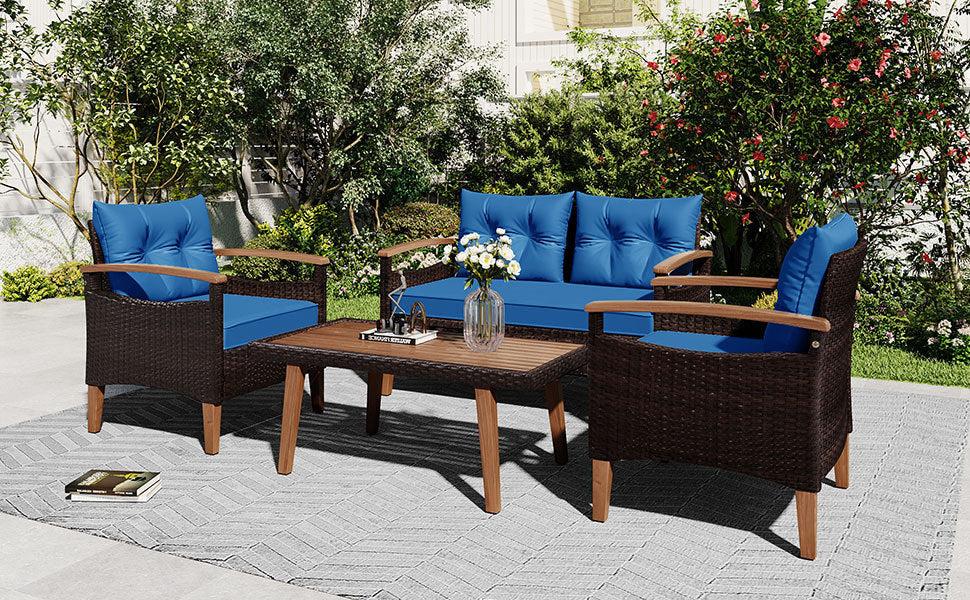 4 PCS Outdoor Garden PE Rattan Seating Furniture Set with Blue Cushions