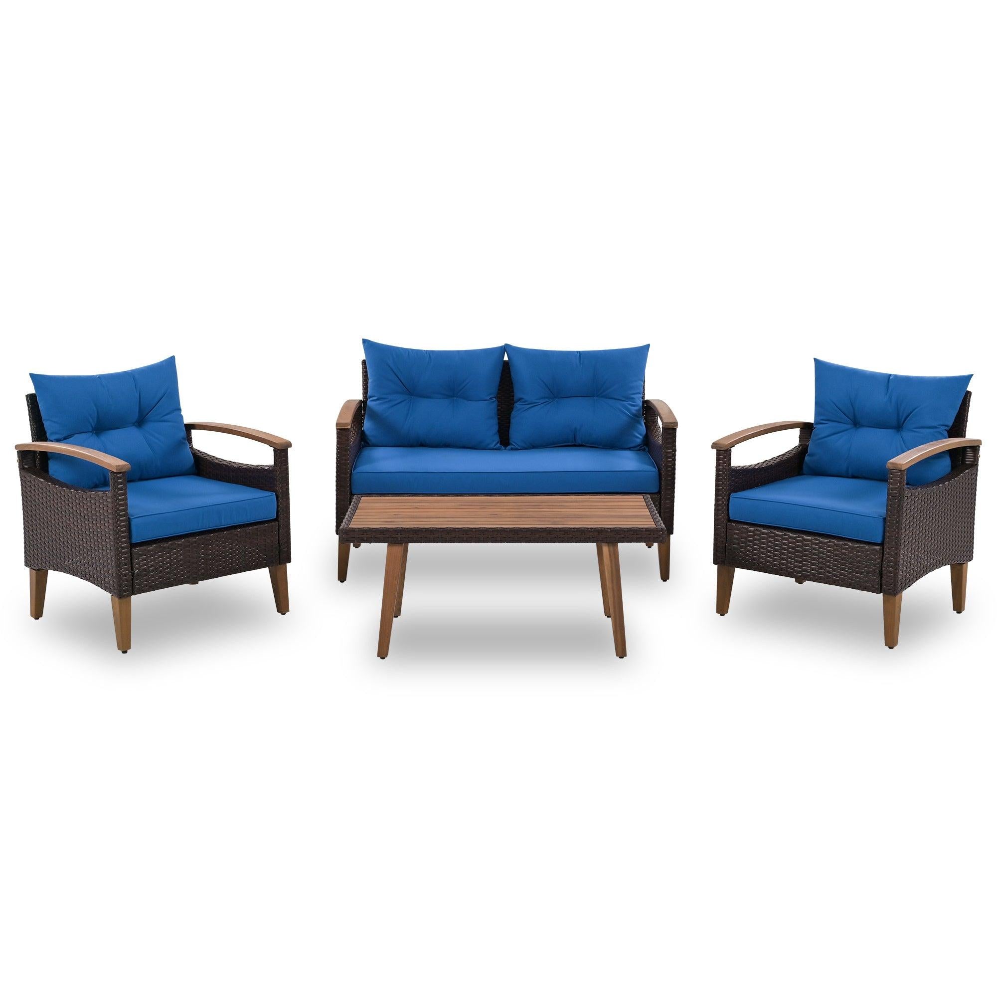 4 PCS Outdoor Garden PE Rattan Seating Furniture Set with Blue Cushions