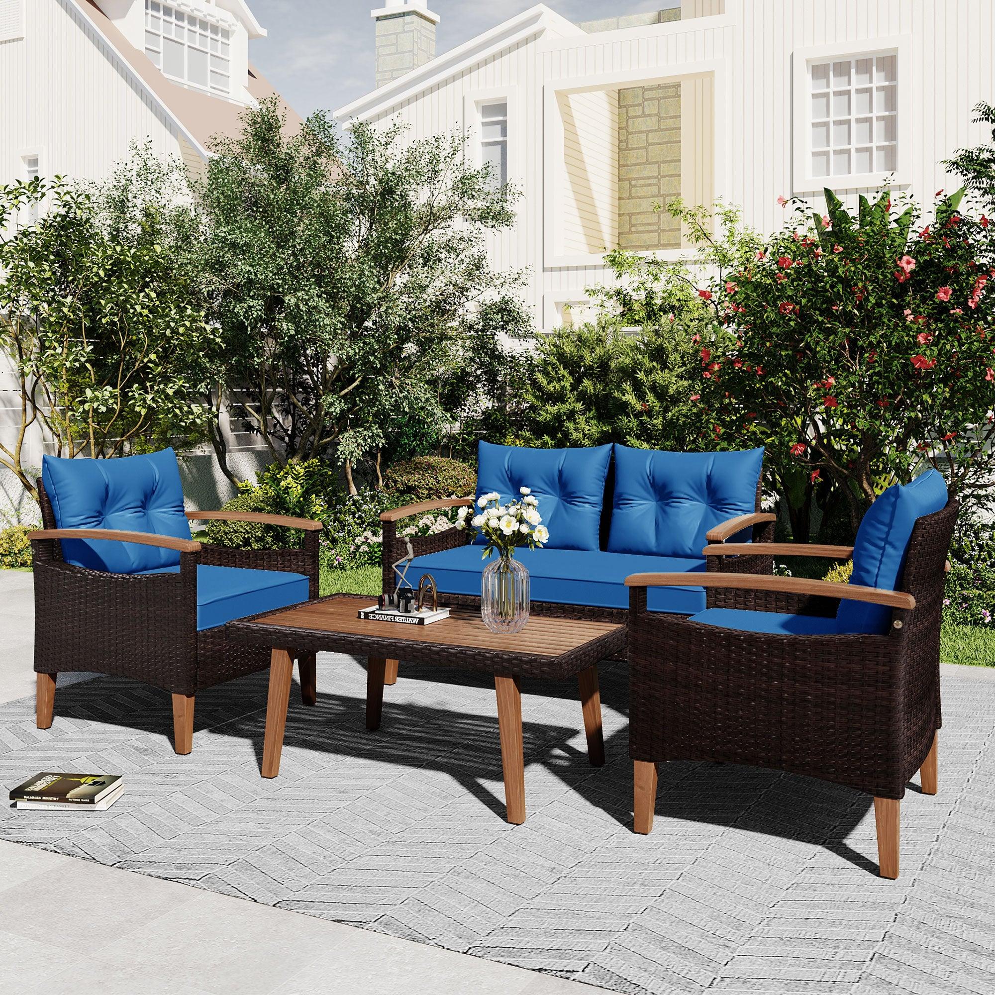 4 PCS Outdoor Garden PE Rattan Seating Furniture Set with Blue Cushions