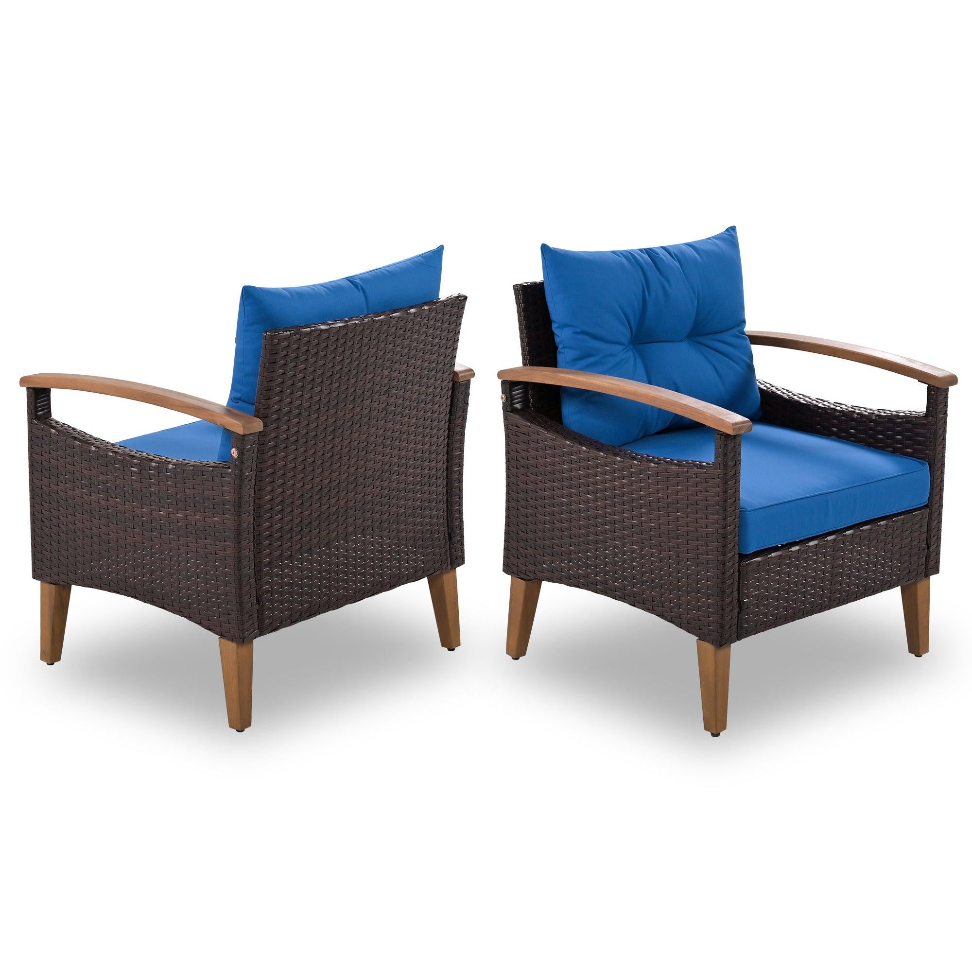 4 PCS Outdoor Garden PE Rattan Seating Furniture Set with Blue Cushions