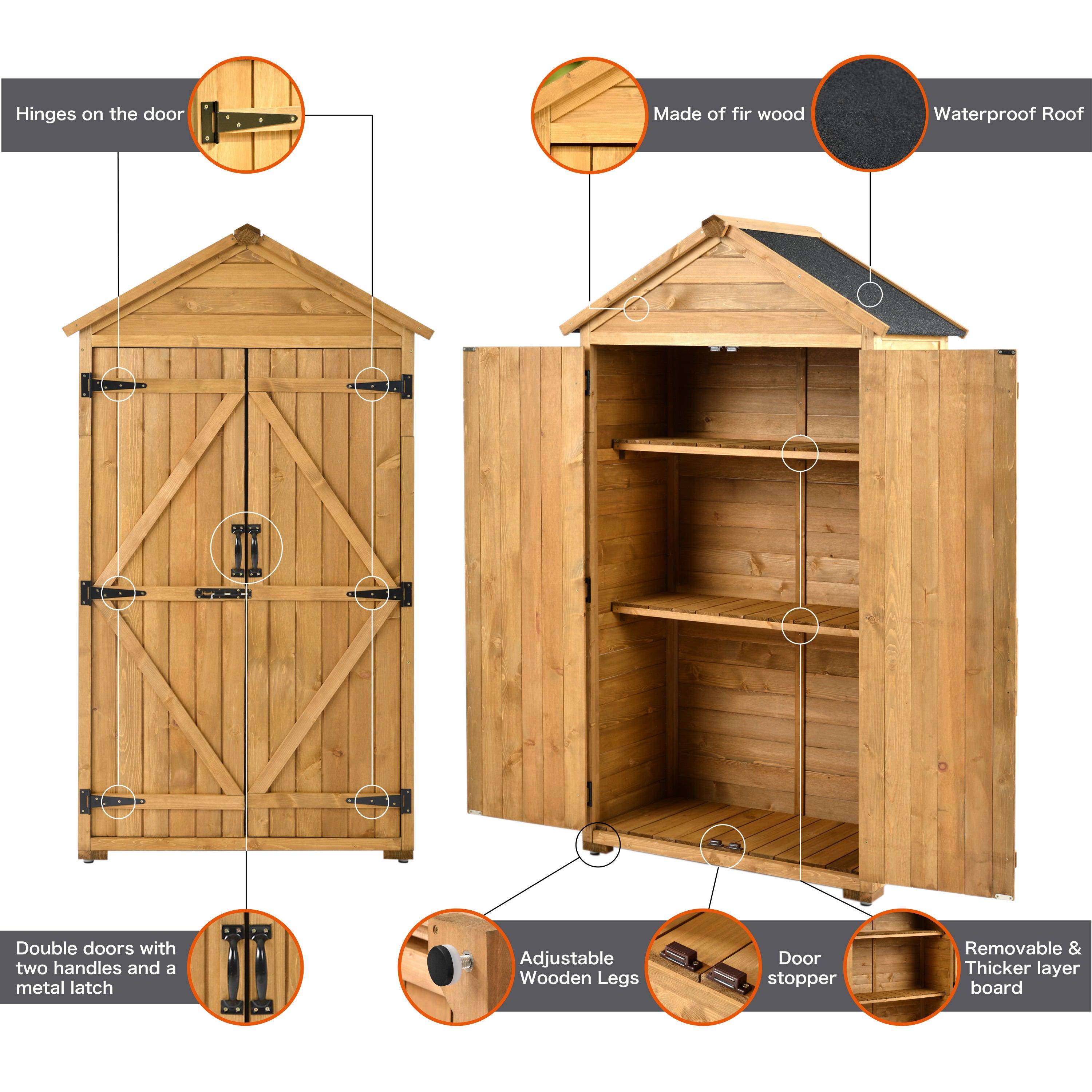 5.8ft x 3ft Outdoor Wood Lean-toStorage Shed Tool Organizer with Waterproof Asphalt Roof, Lockable Doors, 3-tier Shelves for Backyard - Natural