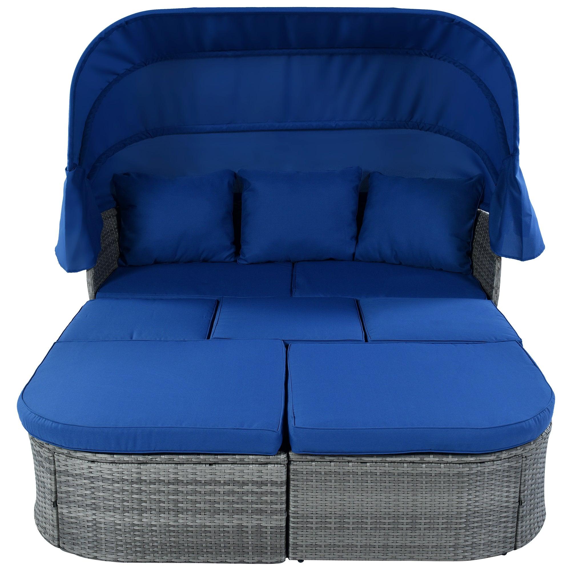 Outdoor Patio Furniture Set Daybed Sunbed with Retractable Canopy and Blue Cushions