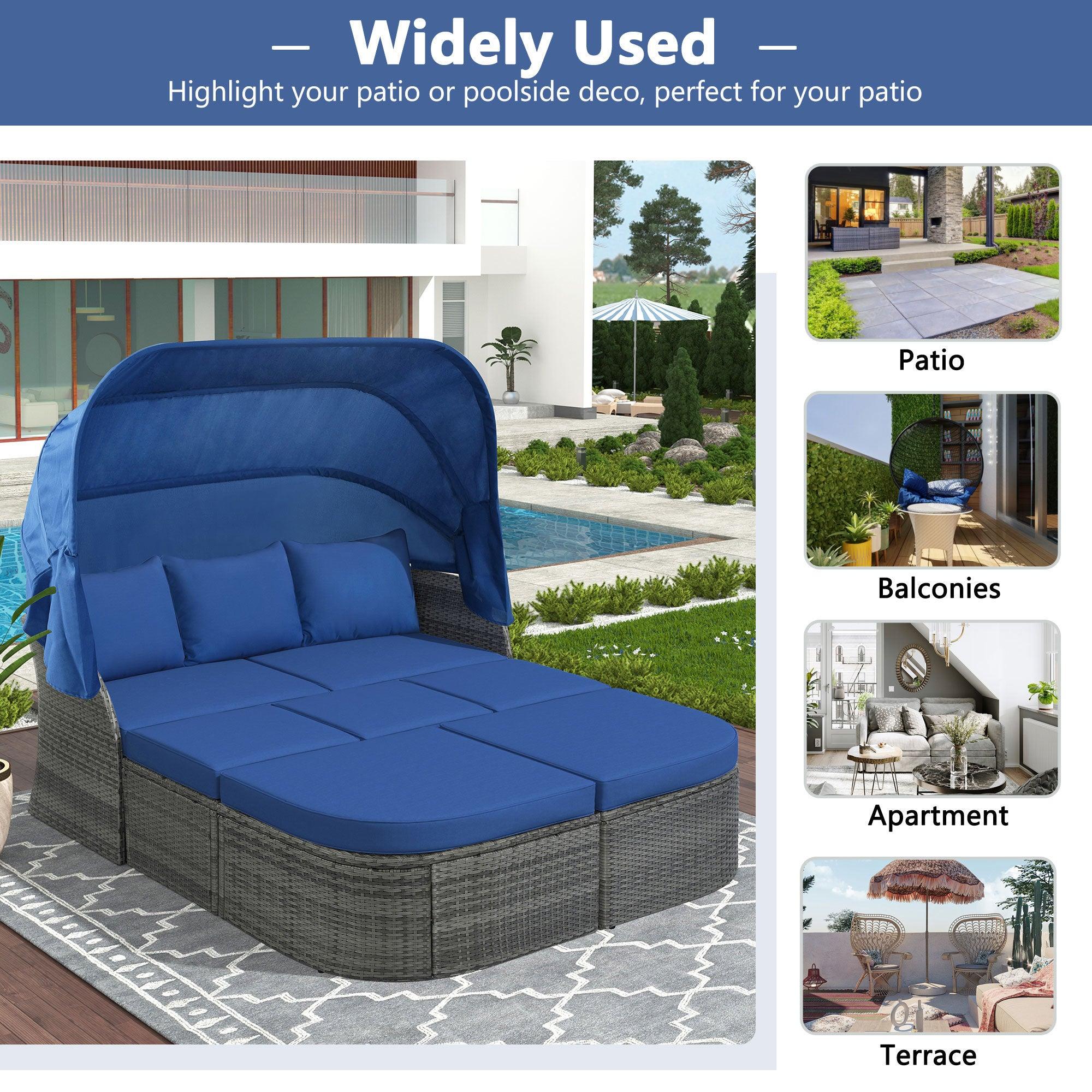 Outdoor Patio Furniture Set Daybed Sunbed with Retractable Canopy and Blue Cushions