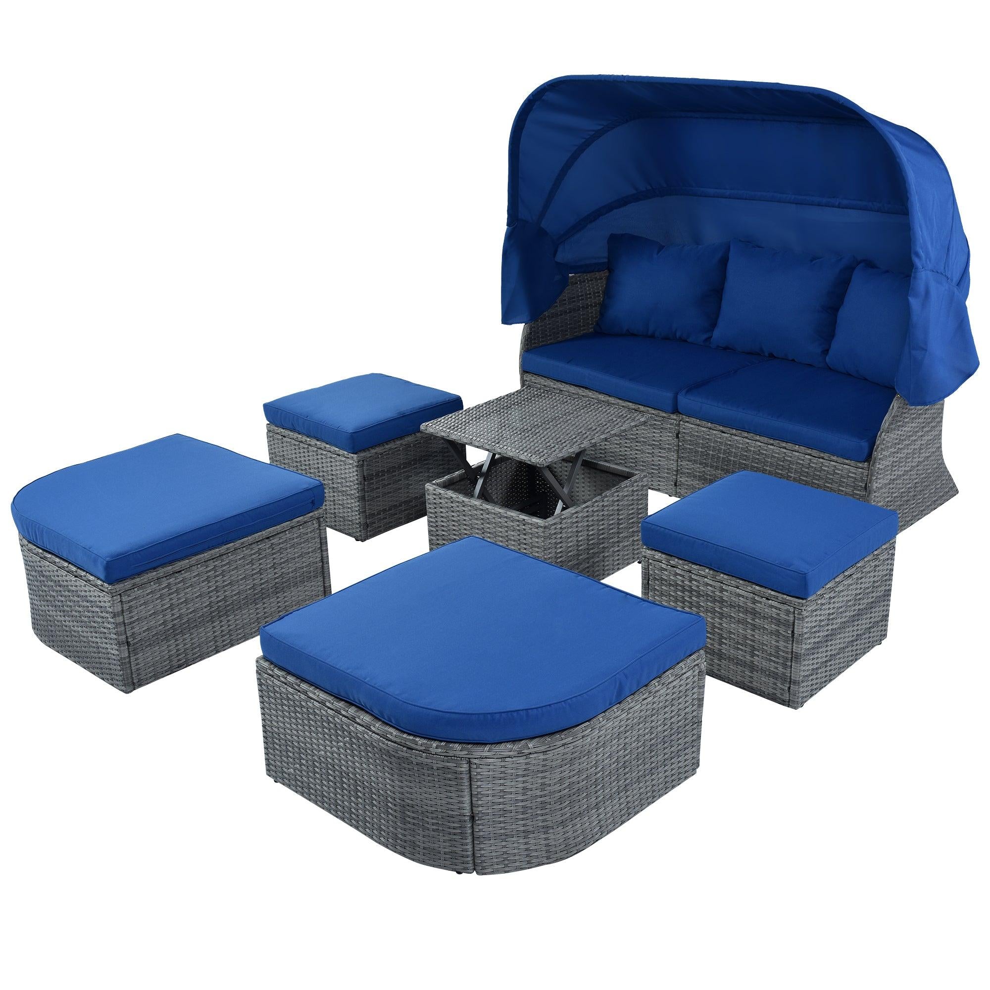 Outdoor Patio Furniture Set Daybed Sunbed with Retractable Canopy and Blue Cushions