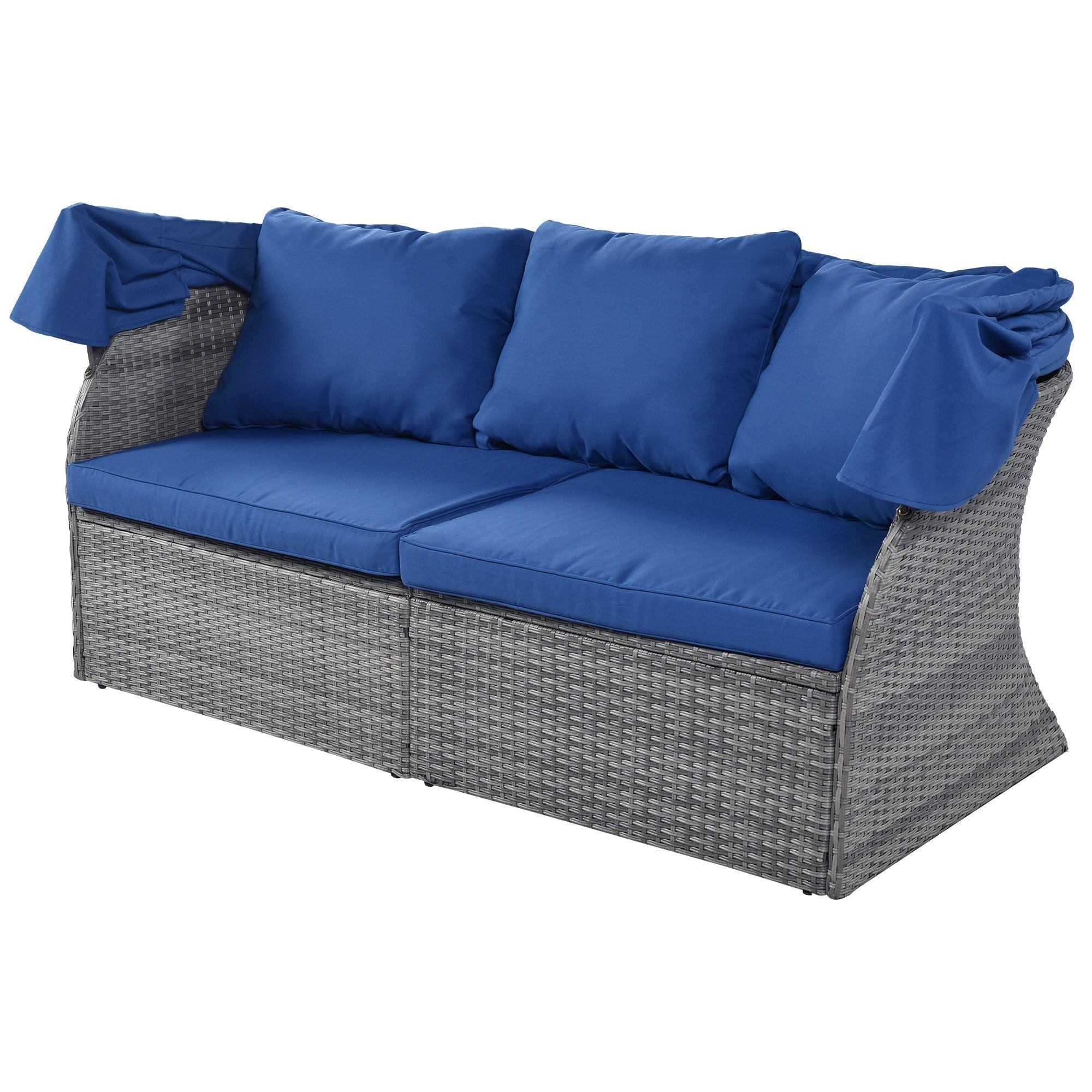 Outdoor Patio Furniture Set Daybed Sunbed with Retractable Canopy and Blue Cushions