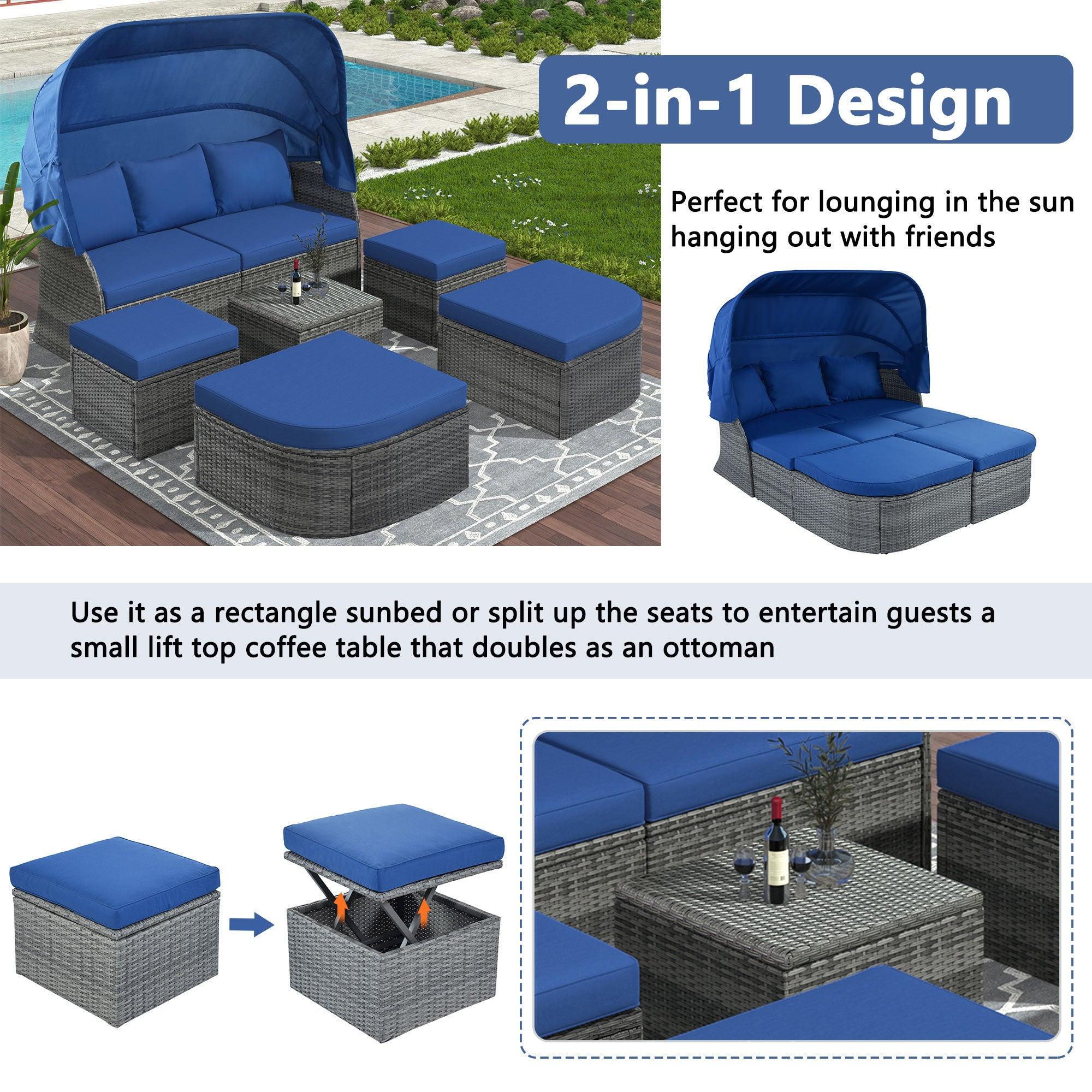 Outdoor Patio Furniture Set Daybed Sunbed with Retractable Canopy and Blue Cushions