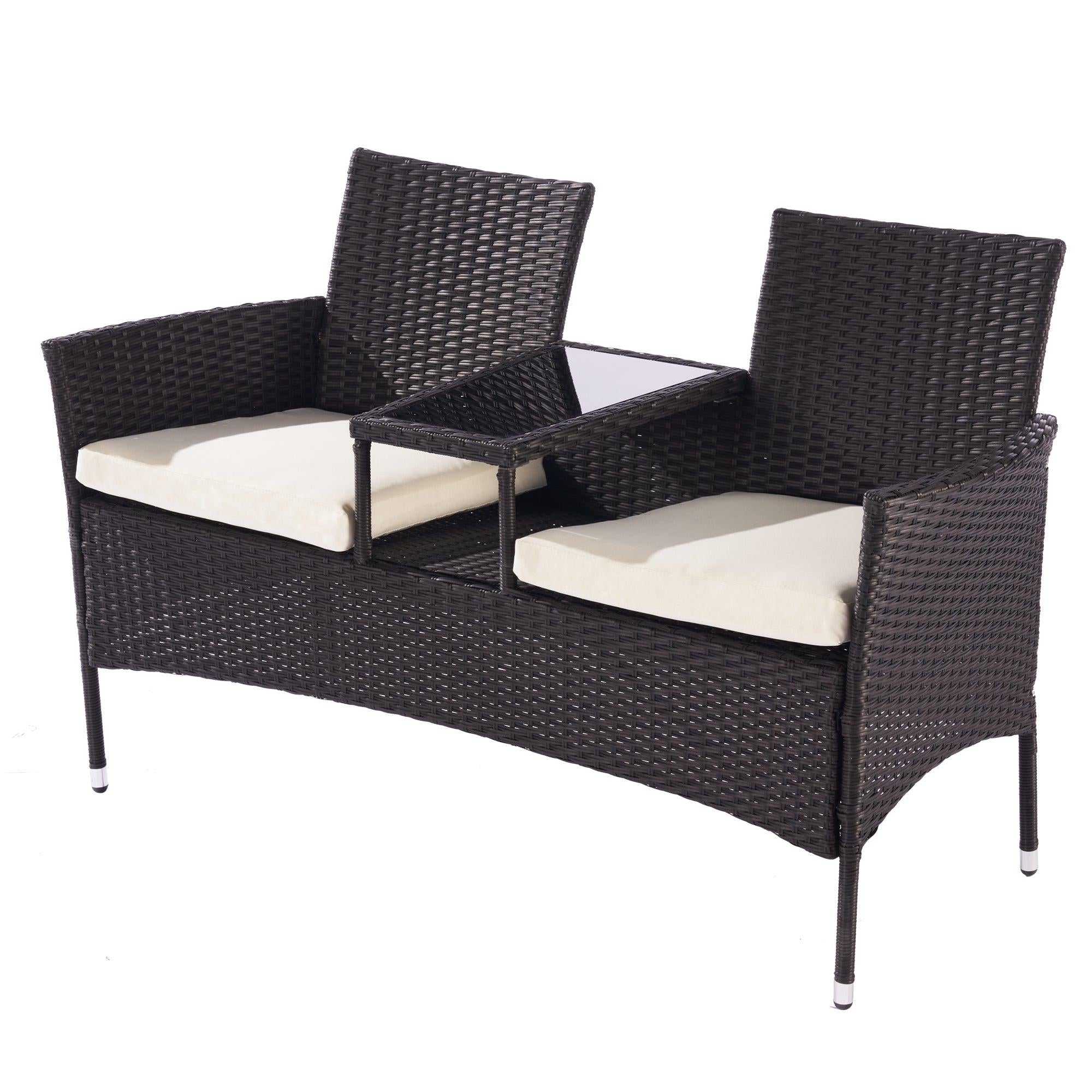 Outdoor Wicker Rattan Double Sofa Lover Chair with Coffee Table and Beige Cushion