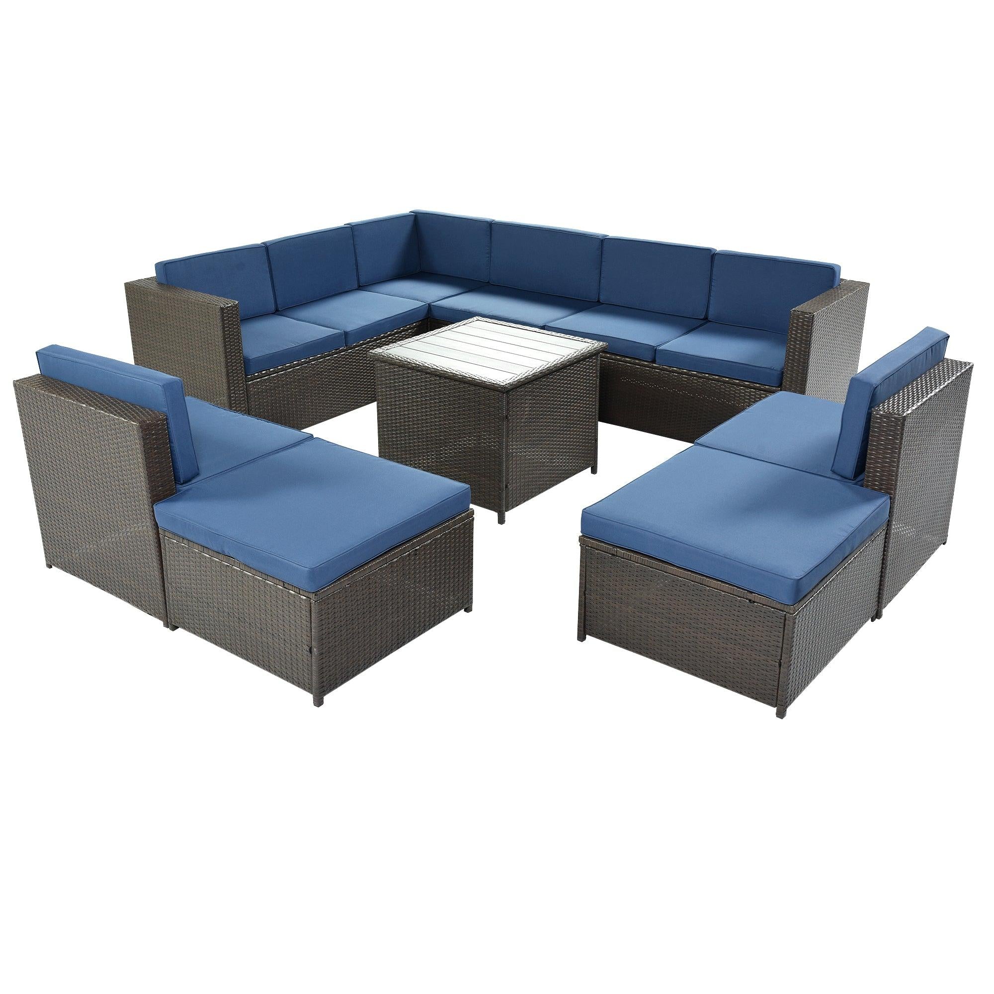 9 PCS Outdoor Black Rattan Sectional Seating Group with Blue Cushions and Ottoman