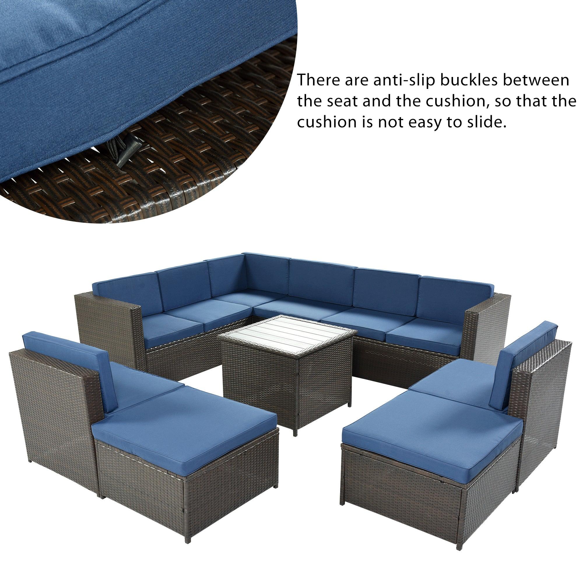 9 PCS Outdoor Black Rattan Sectional Seating Group with Blue Cushions and Ottoman