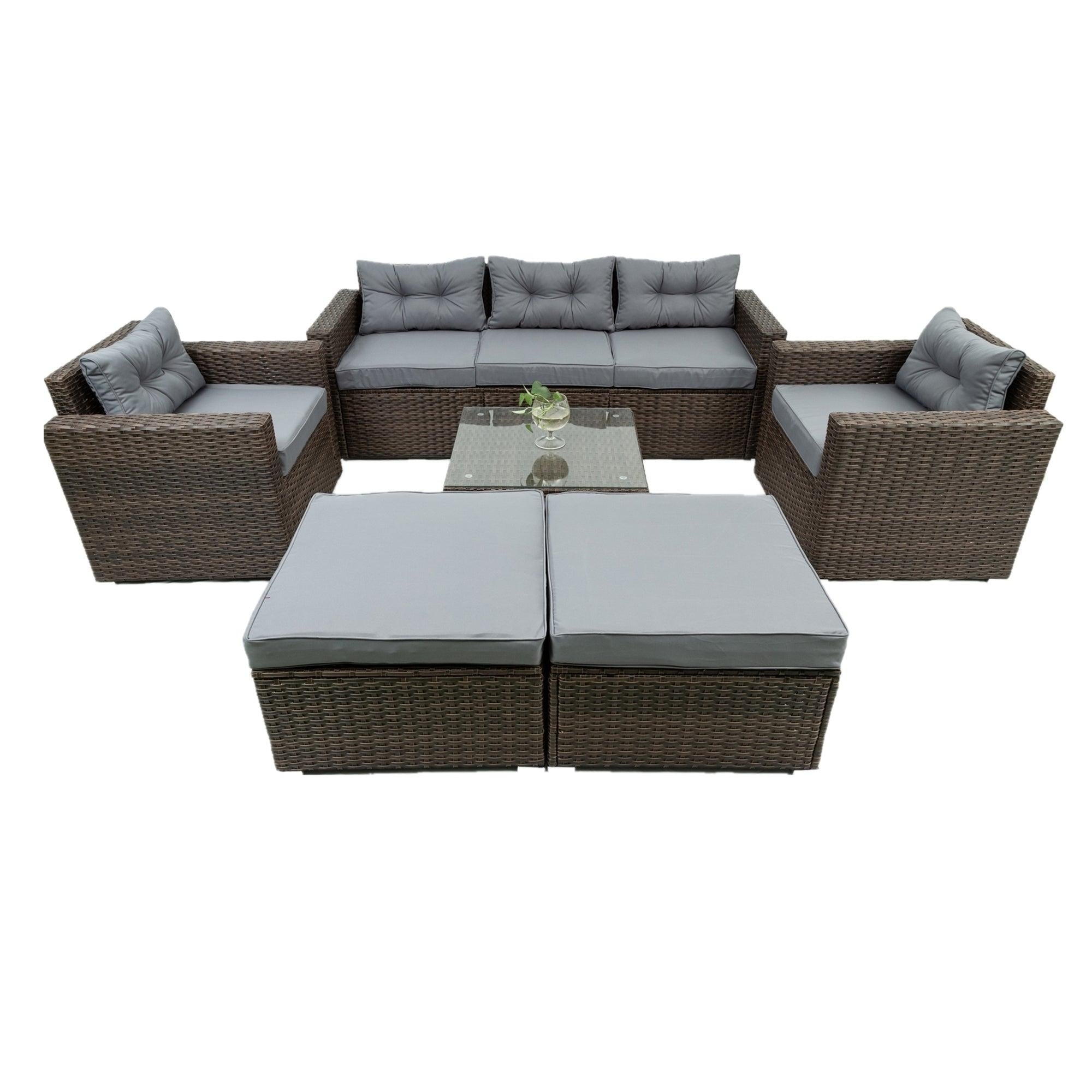 6 PCS Outdoor Patio Rattan Wicker Arrangeable Sofa Set with Removeable Cushions and Temper Glass Table Top