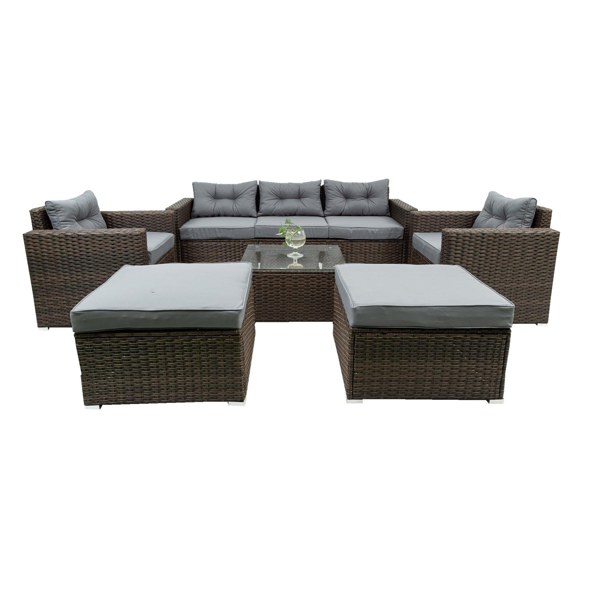 6 PCS Outdoor Patio Rattan Wicker Arrangeable Sofa Set with Removeable Cushions and Temper Glass Table Top