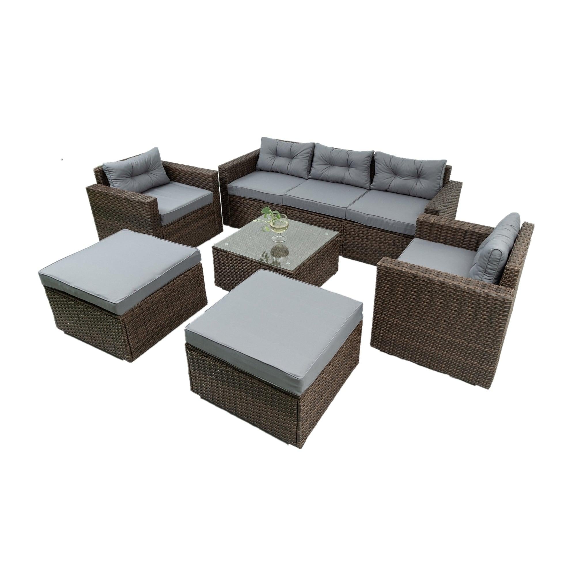 6 PCS Outdoor Patio Rattan Wicker Arrangeable Sofa Set with Removeable Cushions and Temper Glass Table Top