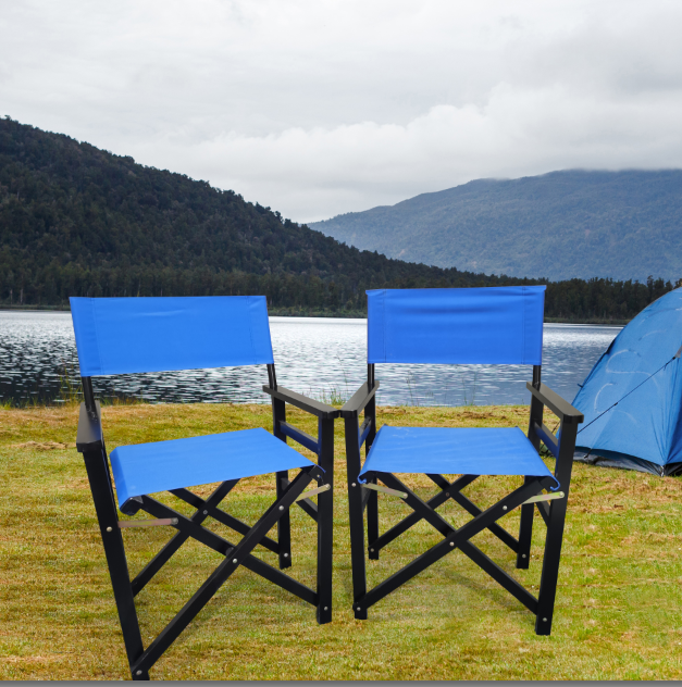 2 PCS Canvas Folding Black Wooden Chair - Blue image