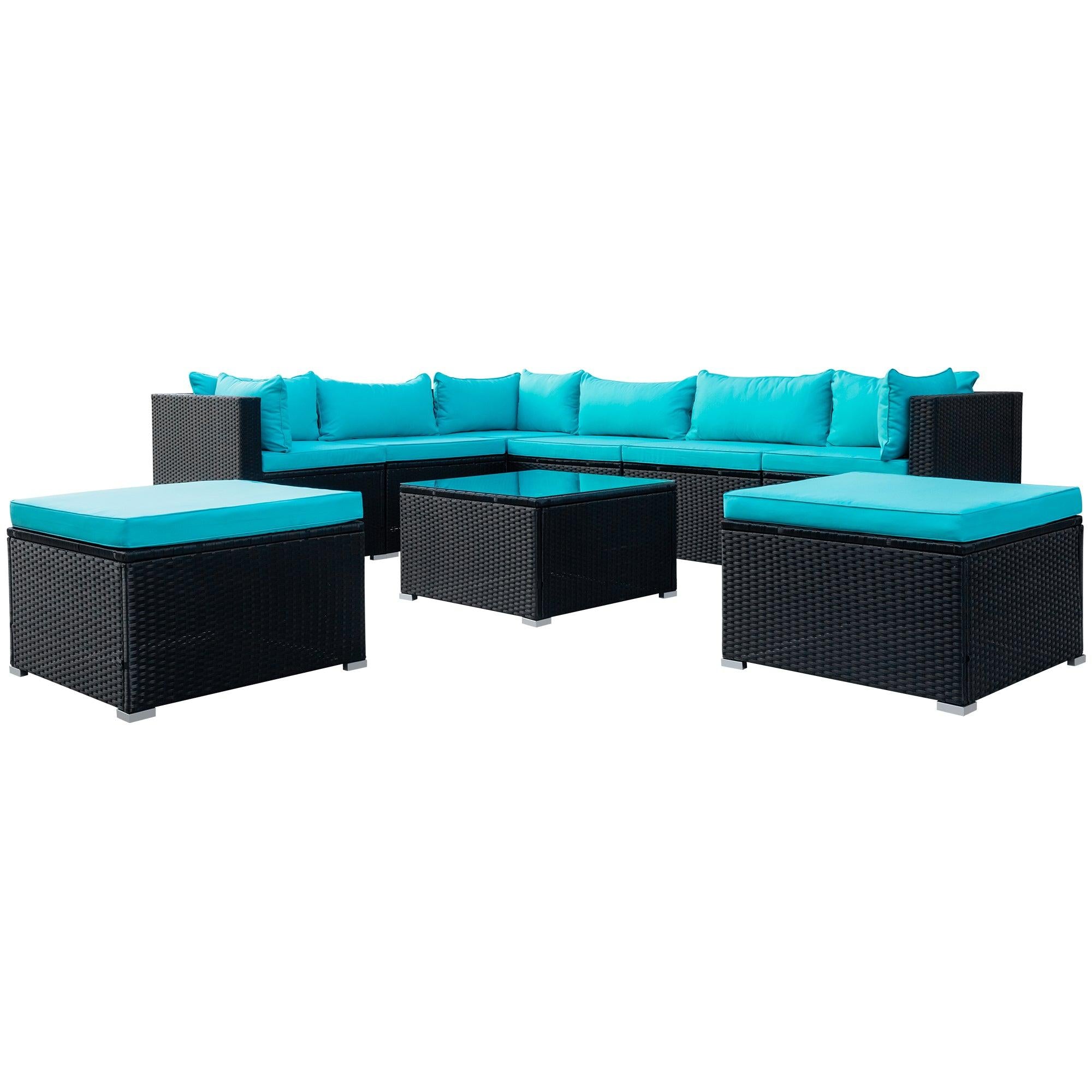 9 PCS Outdoor Patio PE Wicker Rattan Arrangeable Sectional Sofa Set with Blue Cushions