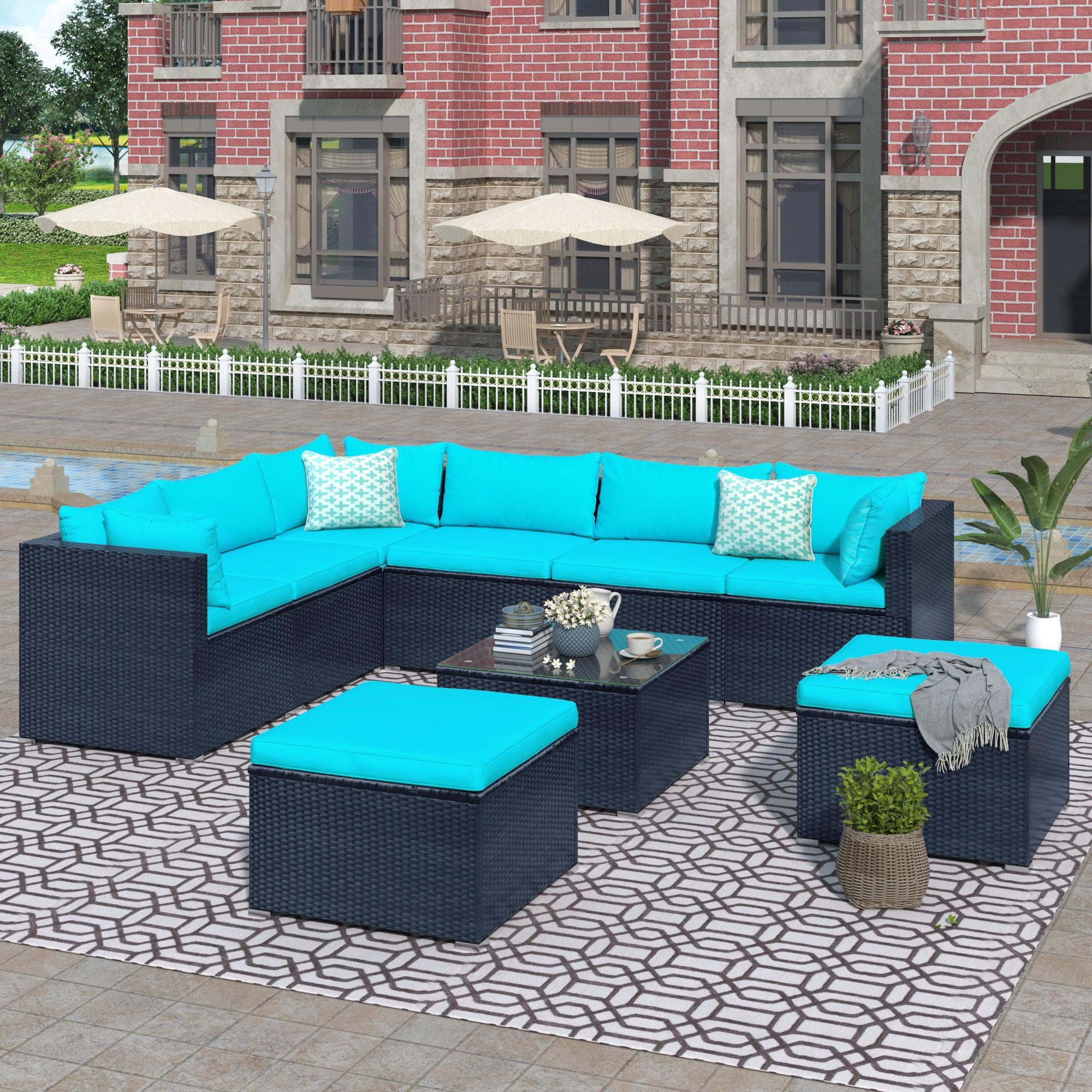 9 PCS Outdoor Patio PE Wicker Rattan Arrangeable Sectional Sofa Set with Blue Cushions image