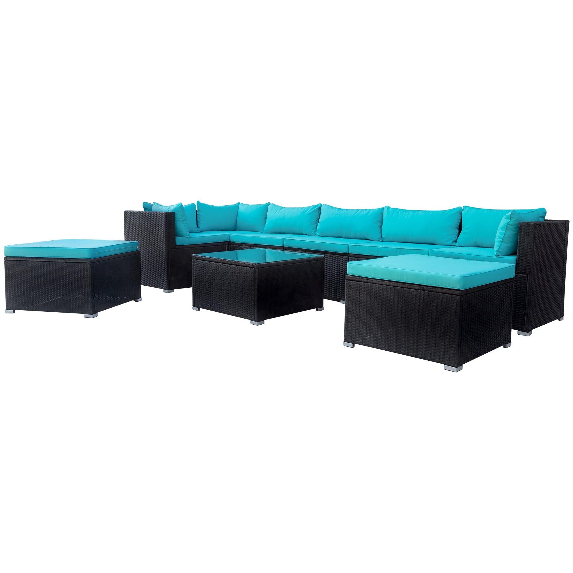 9 PCS Outdoor Patio PE Wicker Rattan Arrangeable Sectional Sofa Set with Blue Cushions