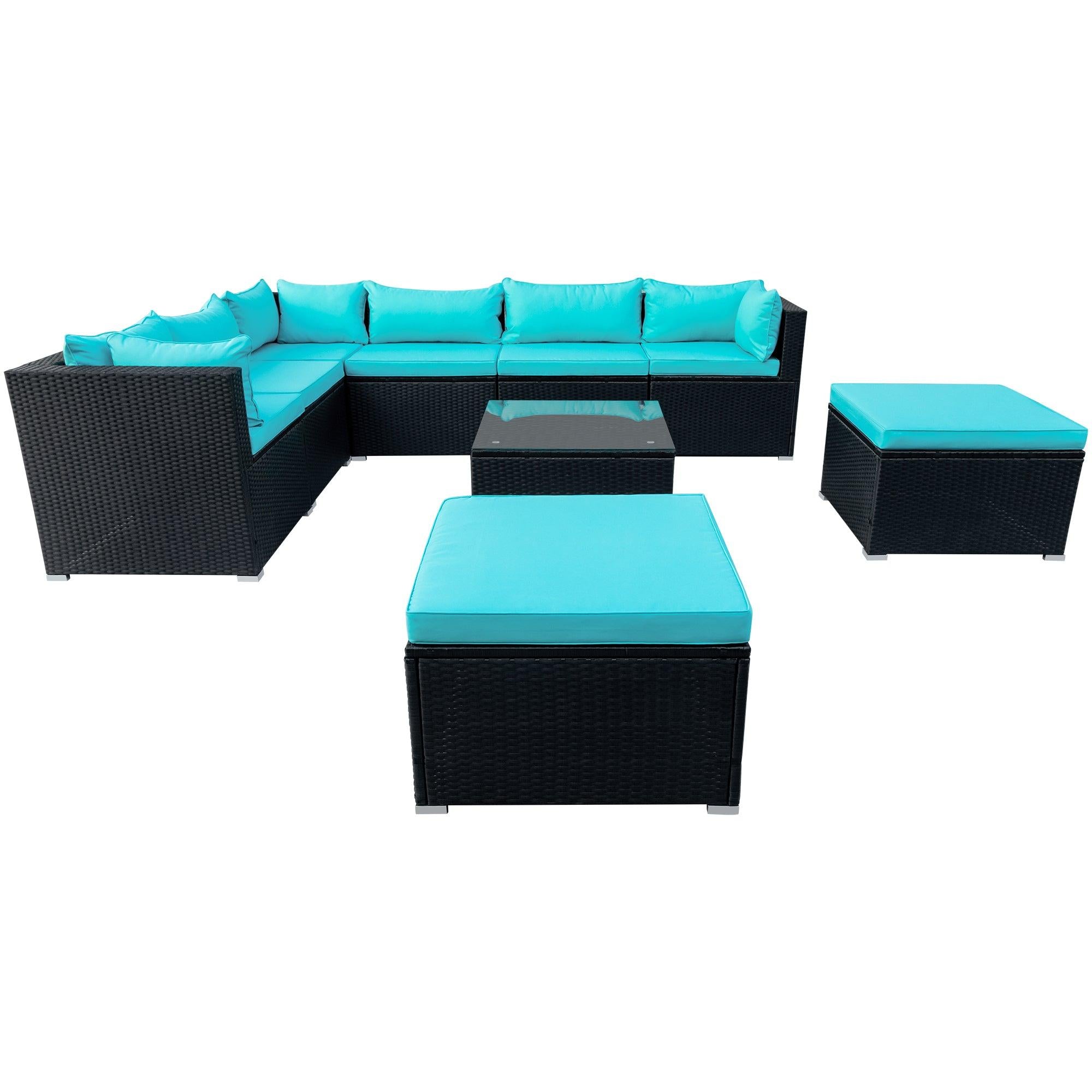 9 PCS Outdoor Patio PE Wicker Rattan Arrangeable Sectional Sofa Set with Blue Cushions