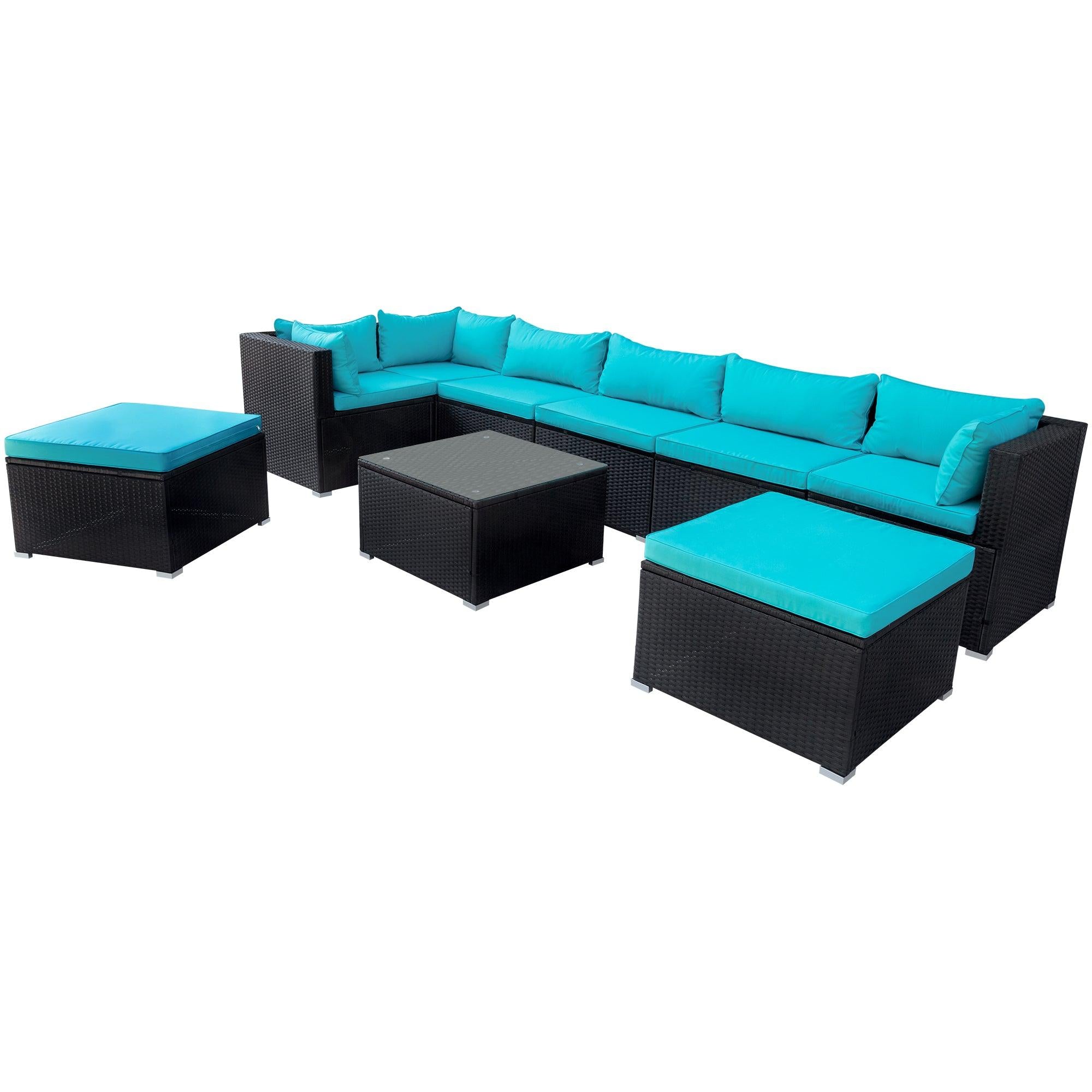 9 PCS Outdoor Patio PE Wicker Rattan Arrangeable Sectional Sofa Set with Blue Cushions