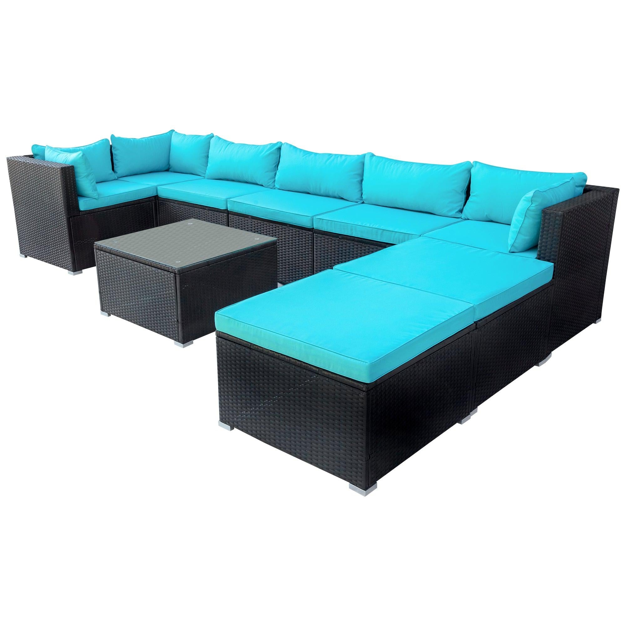 9 PCS Outdoor Patio PE Wicker Rattan Arrangeable Sectional Sofa Set with Blue Cushions