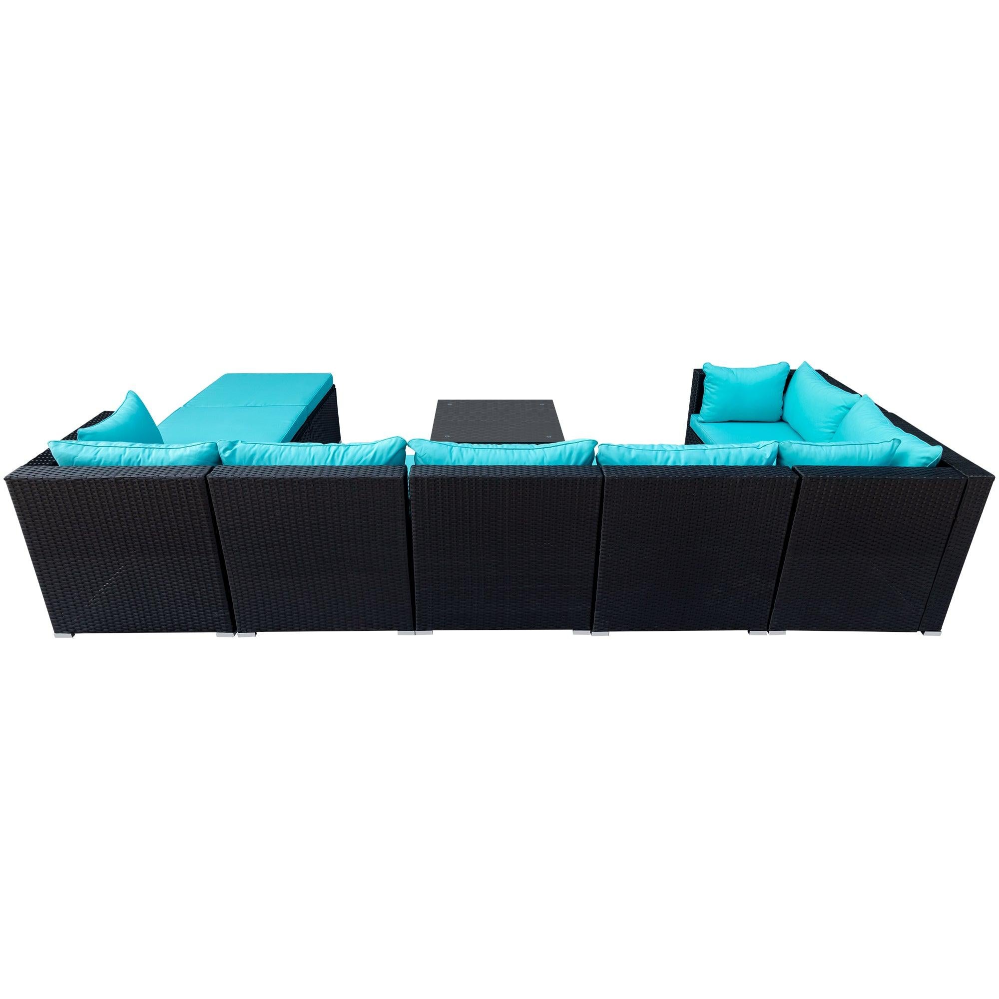 9 PCS Outdoor Patio PE Wicker Rattan Arrangeable Sectional Sofa Set with Blue Cushions