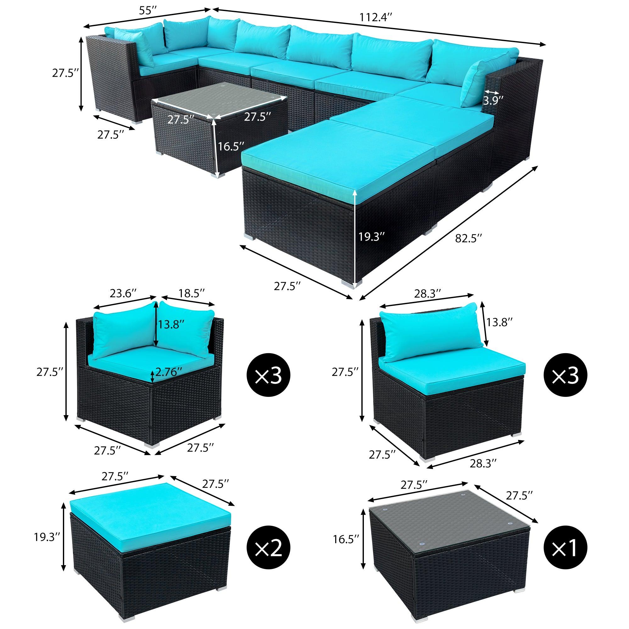 9 PCS Outdoor Patio PE Wicker Rattan Arrangeable Sectional Sofa Set with Blue Cushions