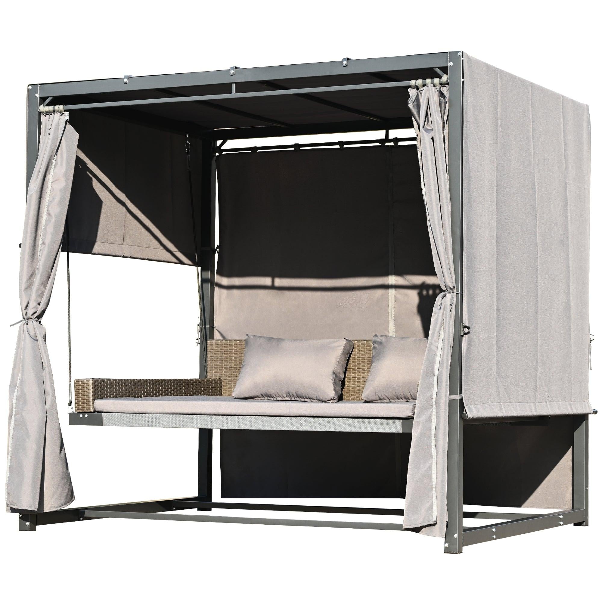 Outdoor Swing Bed with Gray Curtain and Gray Cushion