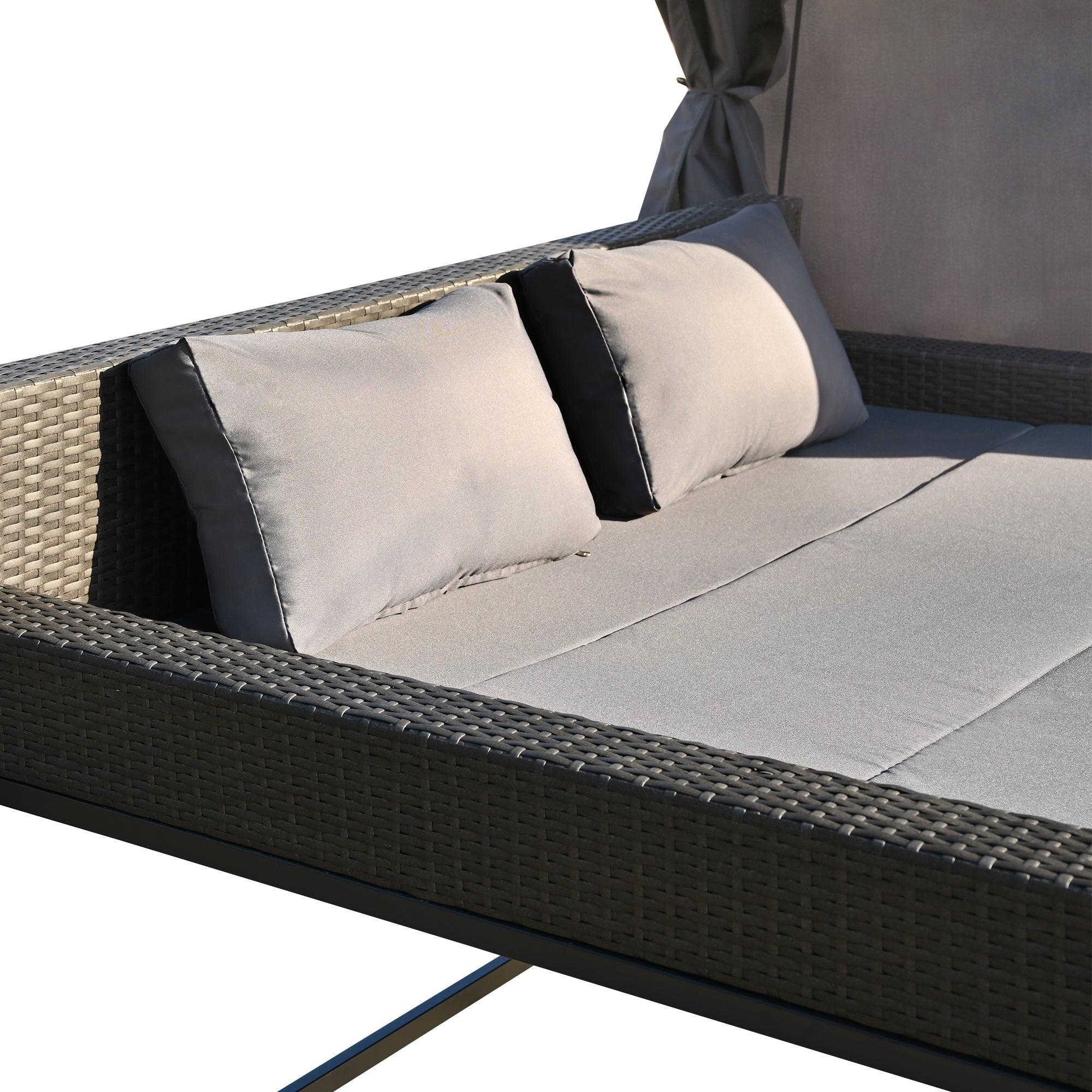 Outdoor Swing Bed with Gray Curtain and Gray Cushion