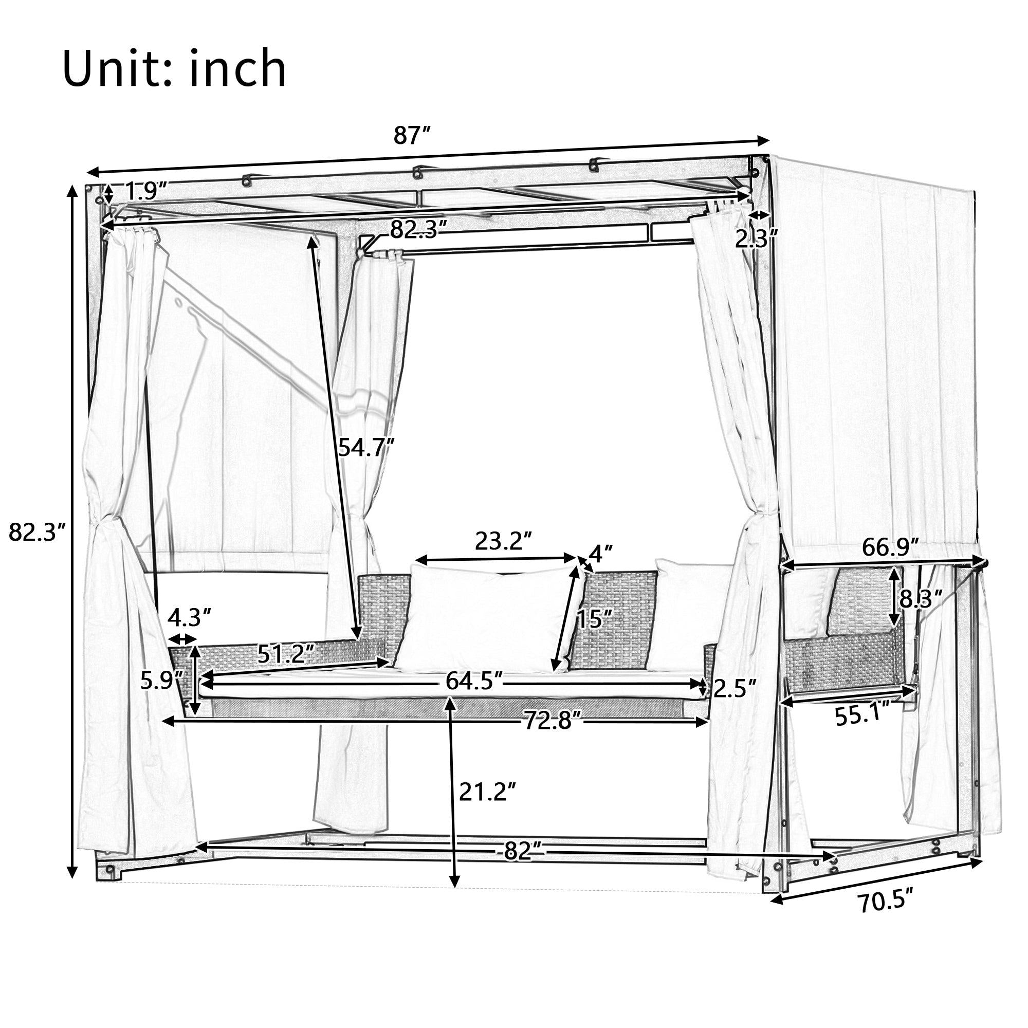 Outdoor Swing Bed with Beige Curtain and Blue Cushion