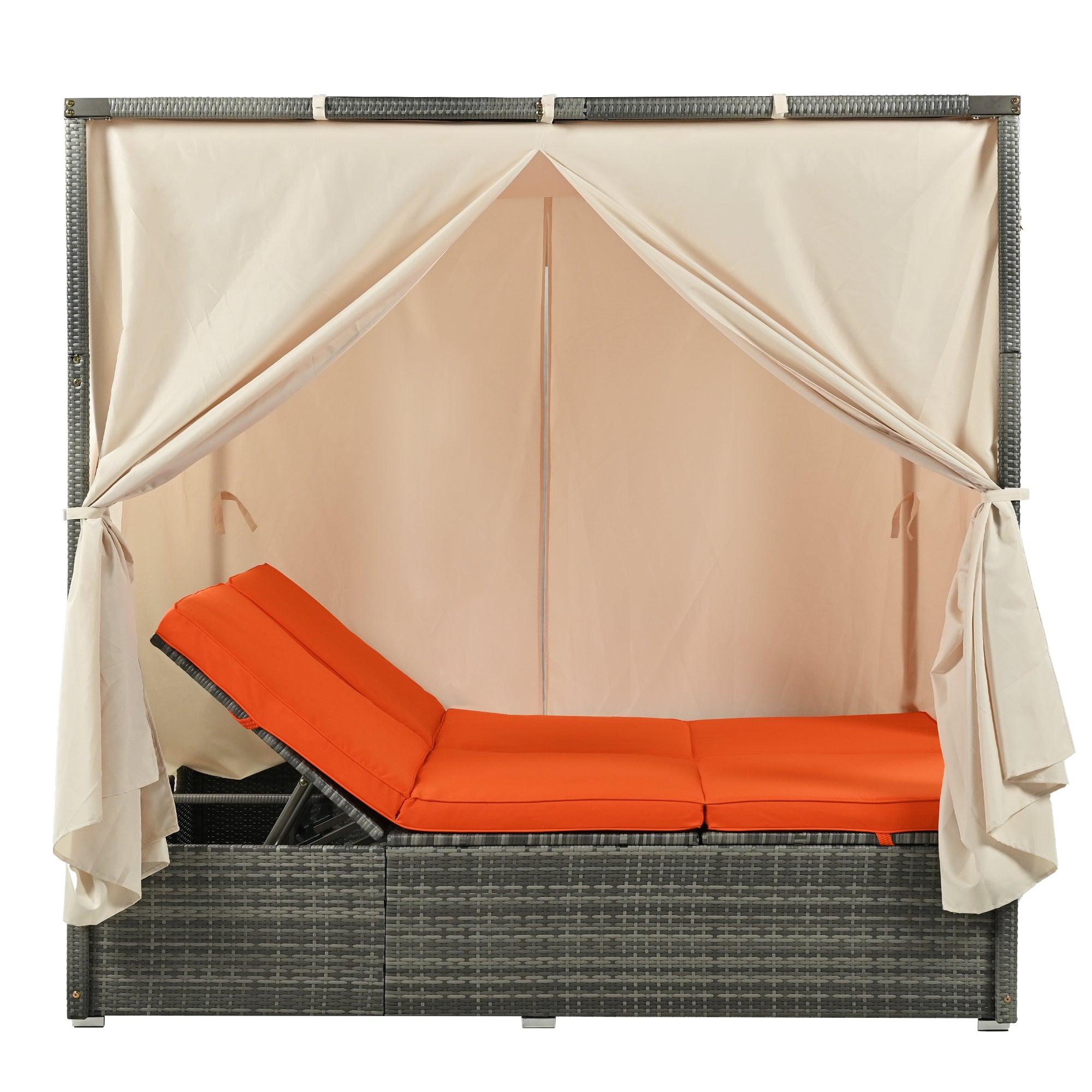 Adjustable Sun Bed With Beige Curtain and Orange Cushion