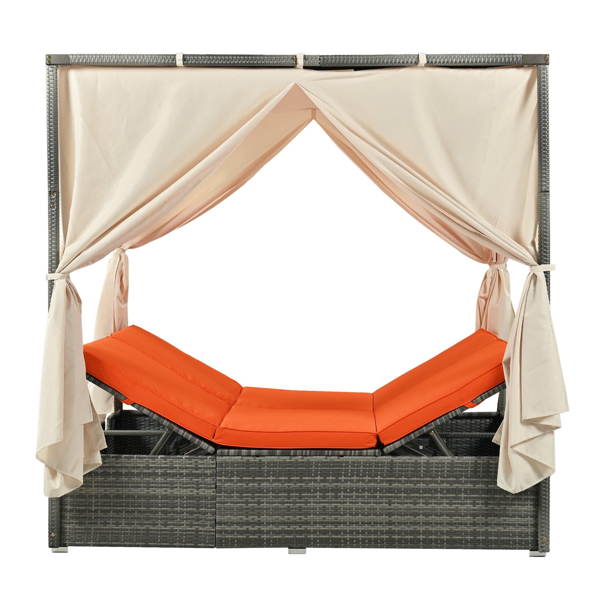 Adjustable Sun Bed With Beige Curtain and Orange Cushion