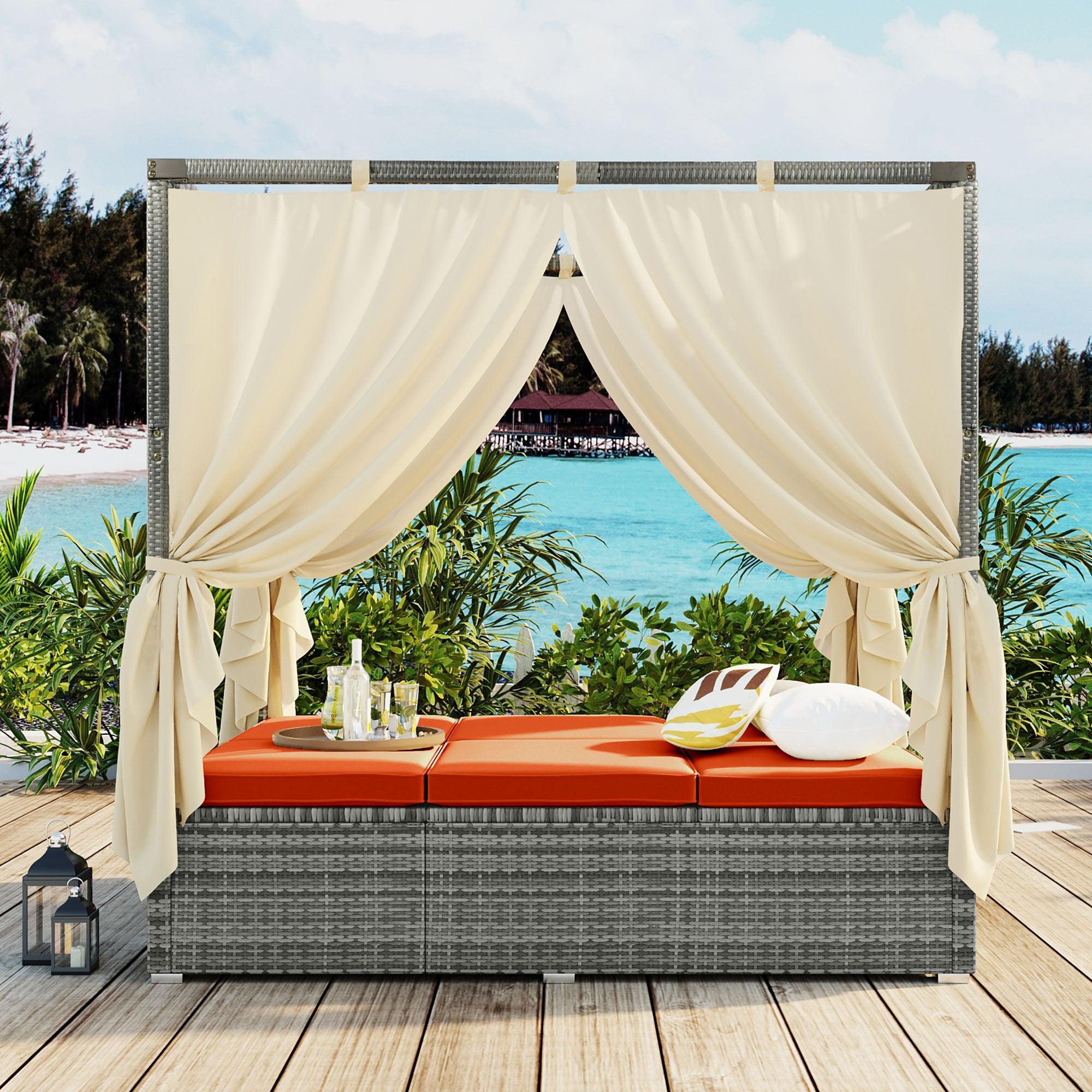 Adjustable Sun Bed With Beige Curtain and Orange Cushion