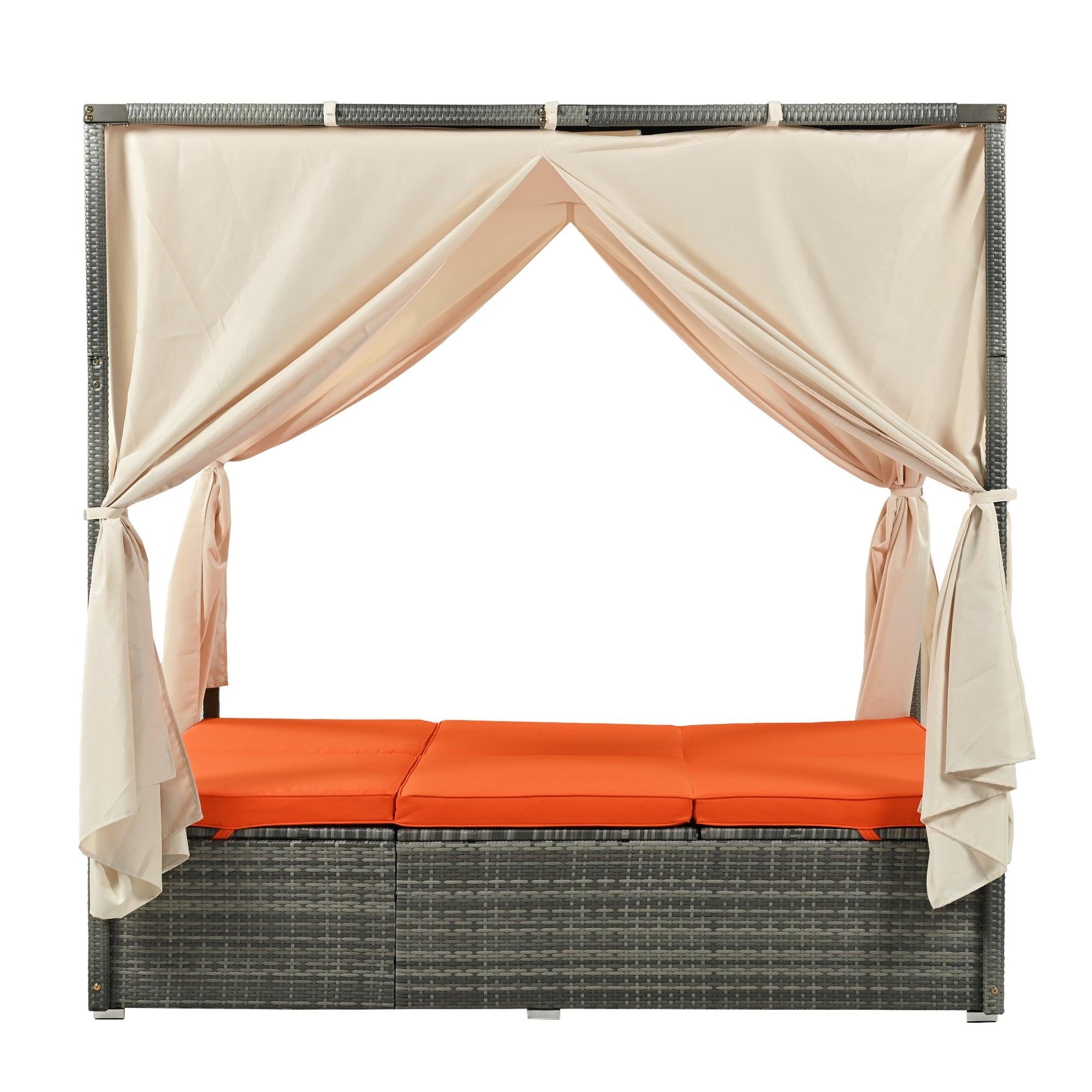 Adjustable Sun Bed With Beige Curtain and Orange Cushion