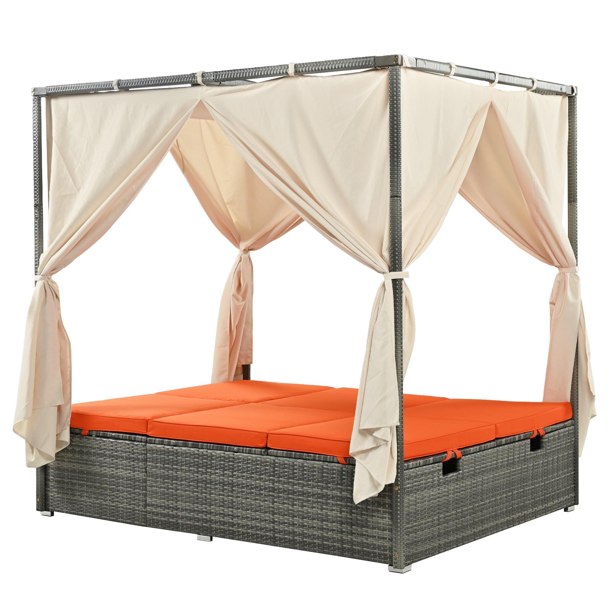 Adjustable Sun Bed With Beige Curtain and Orange Cushion