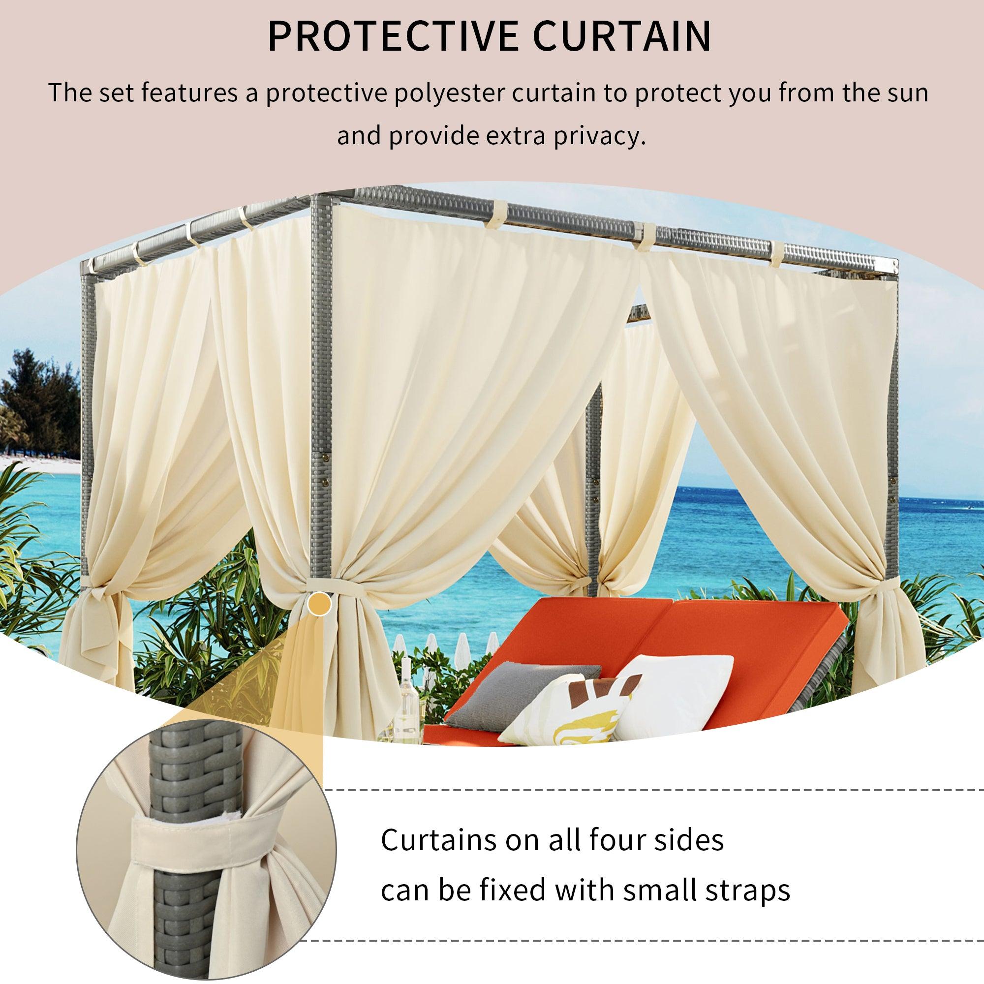 Adjustable Sun Bed With Beige Curtain and Orange Cushion