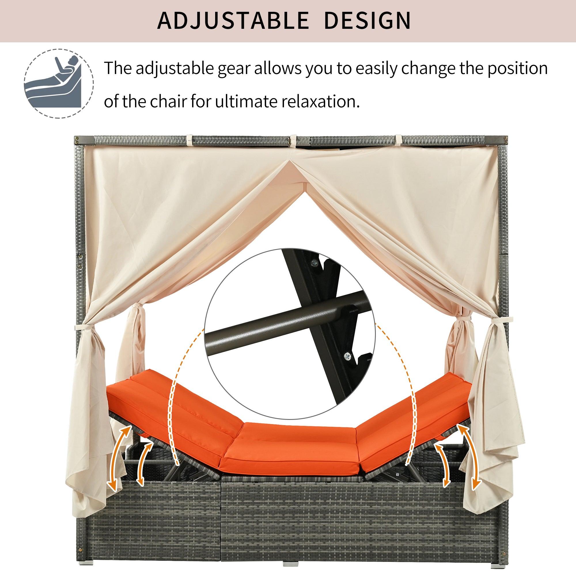 Adjustable Sun Bed With Beige Curtain and Orange Cushion