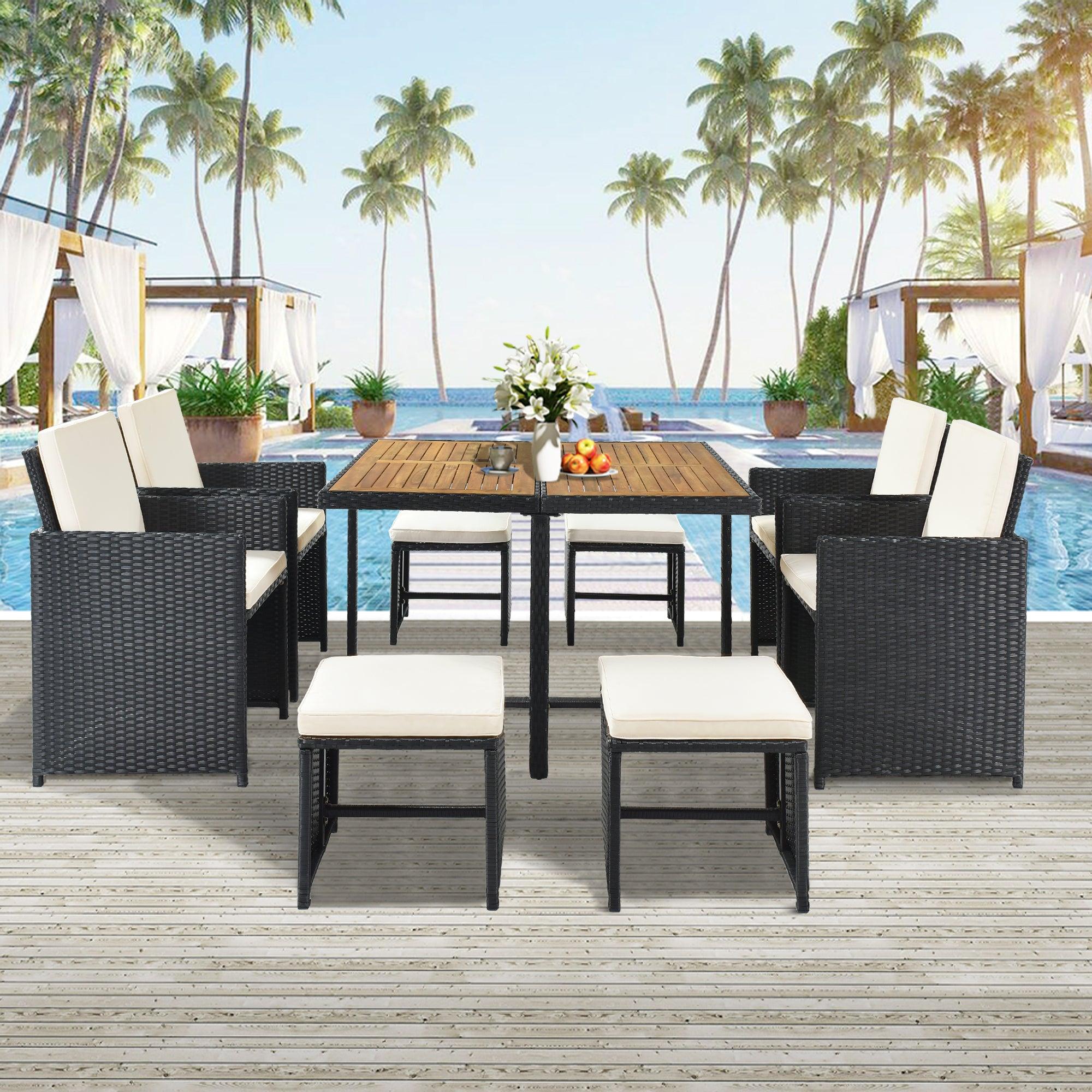 9 PCS Outdoor Patio All-Weather PE Wicker Dining Table Set with Wood Tabletop - Brown Rattan and Beige Cushion image