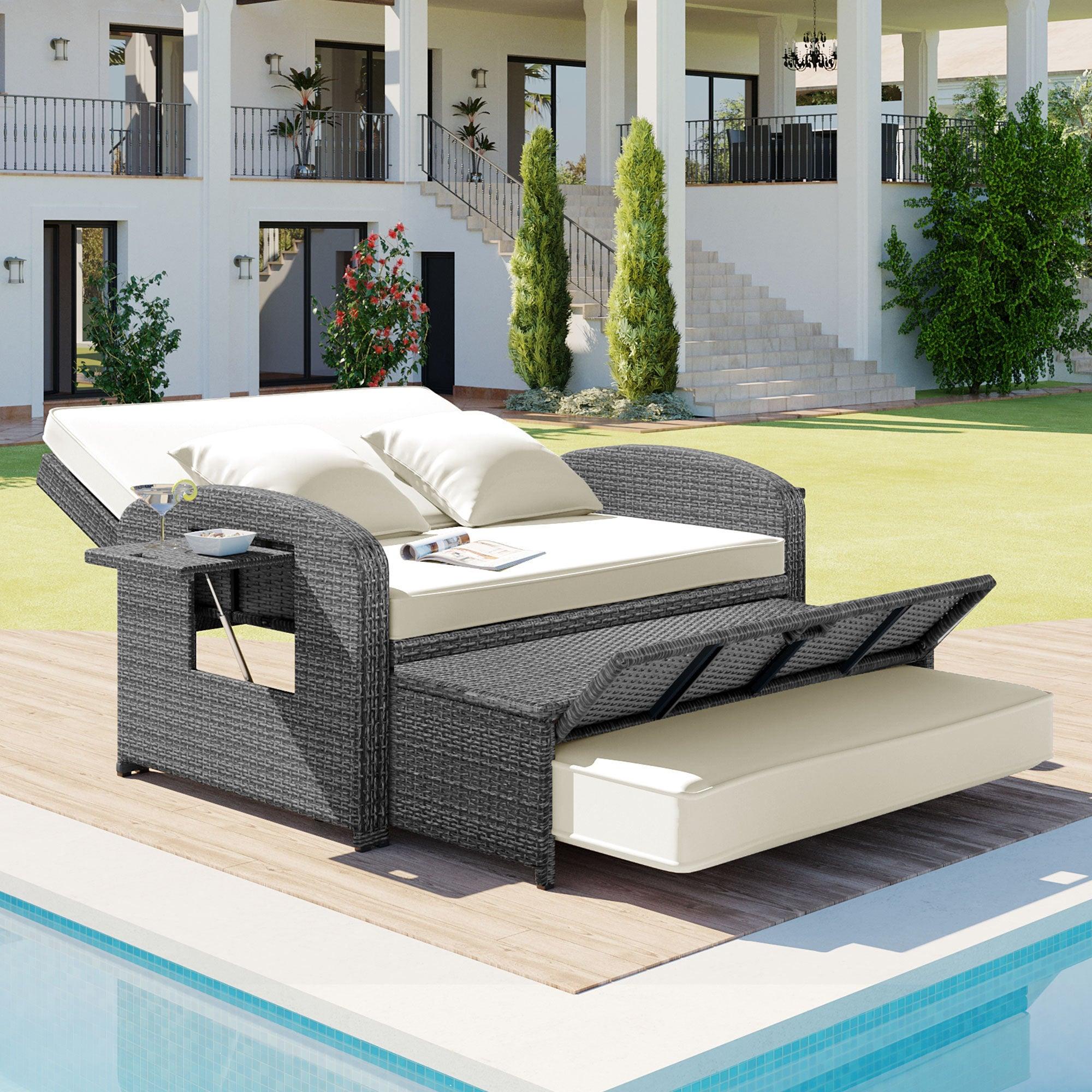 2-Person PE Wicker Rattan Double Chaise Lounge Reclining Daybed with Adjustable Back and White Cushions