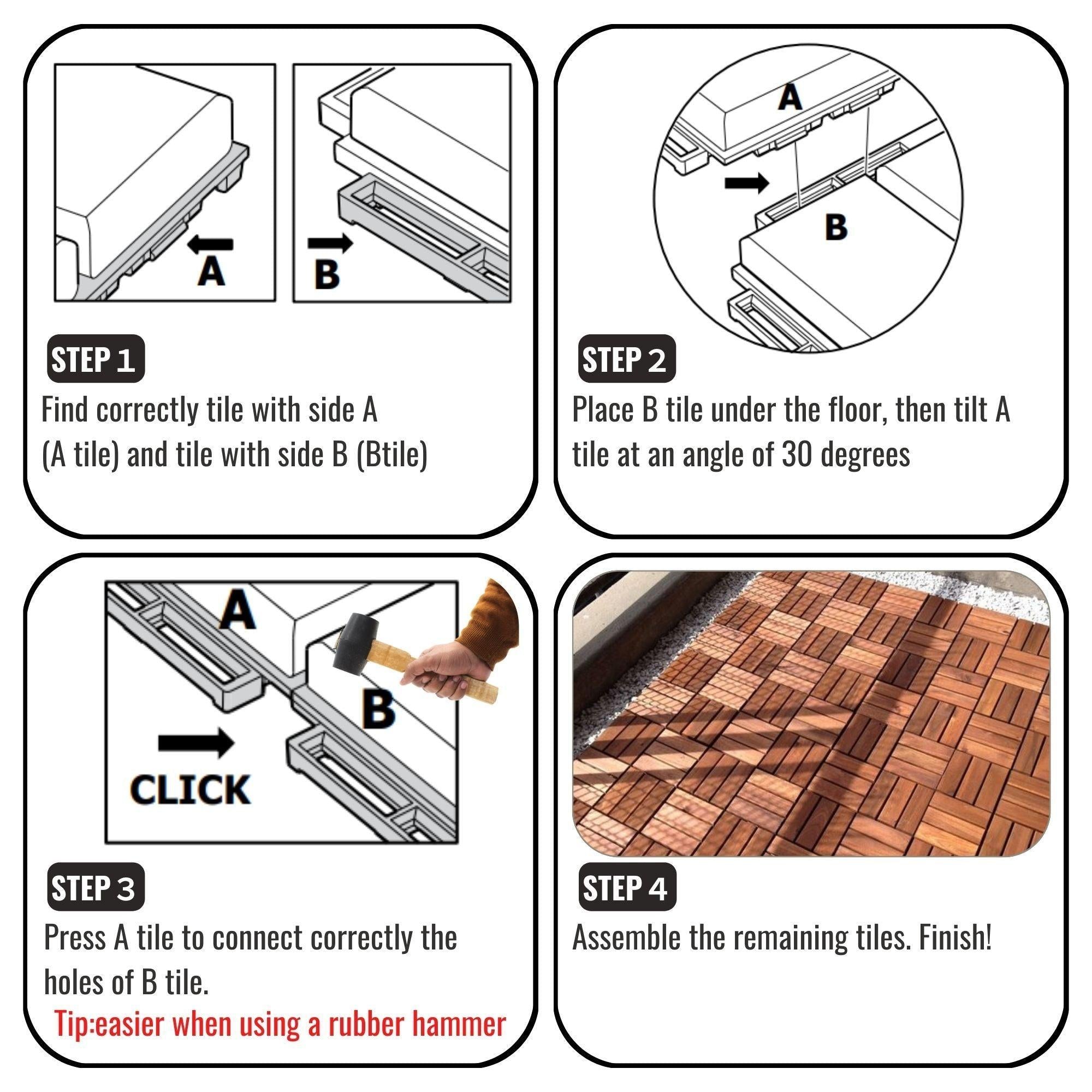 10 PCS Outdoor Square Brown Acacia Hardwood 12" x 12" Interlocking Deck Tiles Checker Pattern