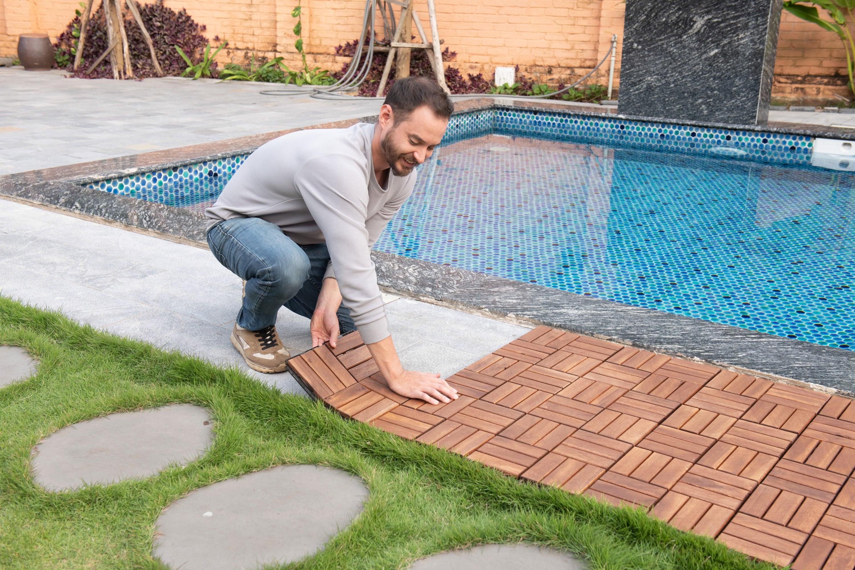 10 PCS Outdoor Square Brown Acacia Hardwood 12" x 12" Interlocking Deck Tiles Checker Pattern