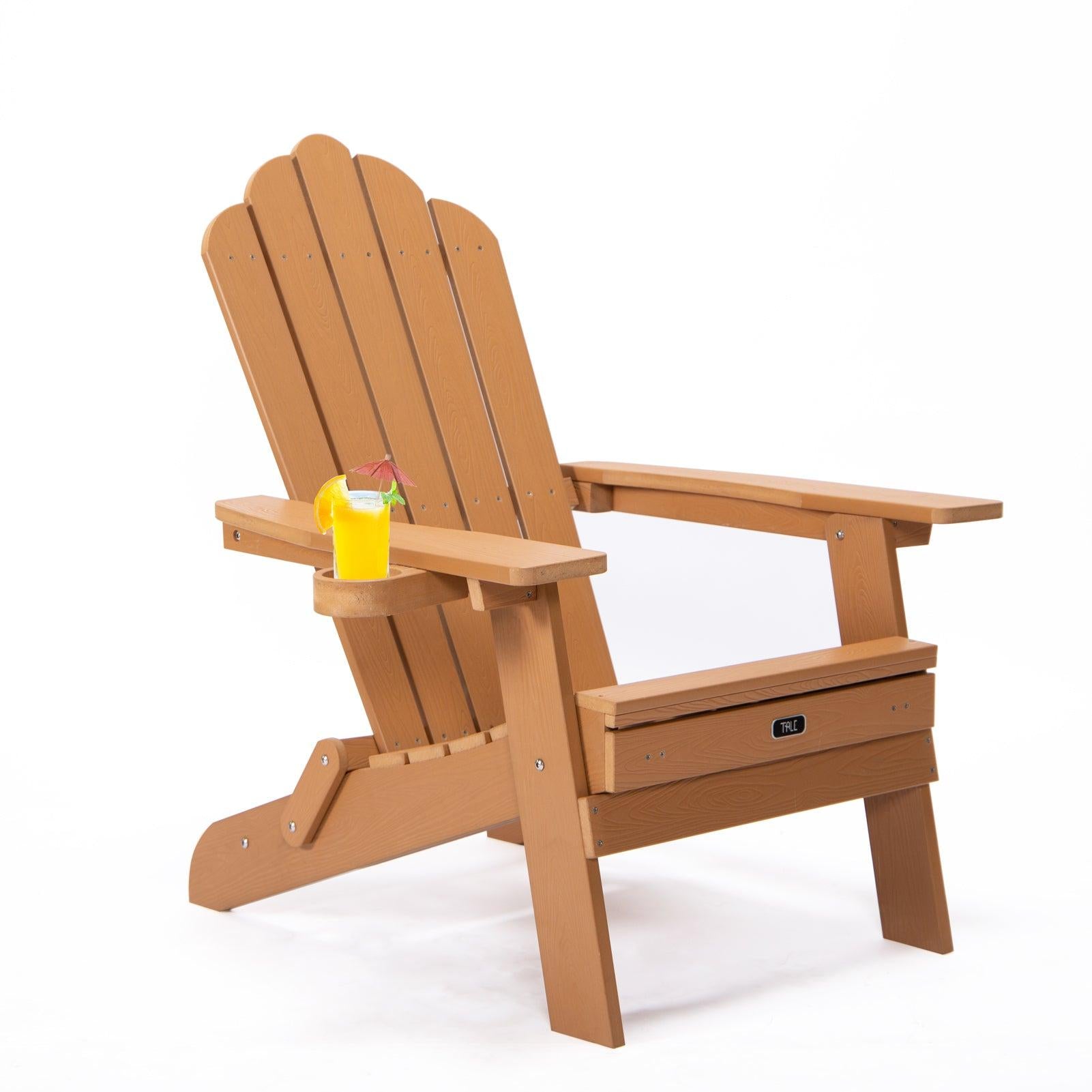 Folding Outdoor Poly Lumber Adirondack Chair with Pullout Ottoman and Cup Holder - Brown