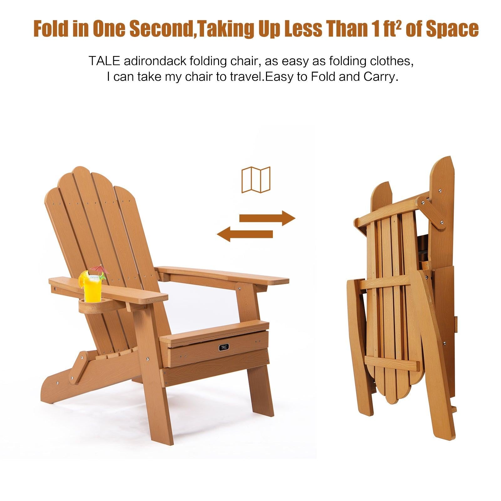 Folding Outdoor Poly Lumber Adirondack Chair with Pullout Ottoman and Cup Holder - Brown