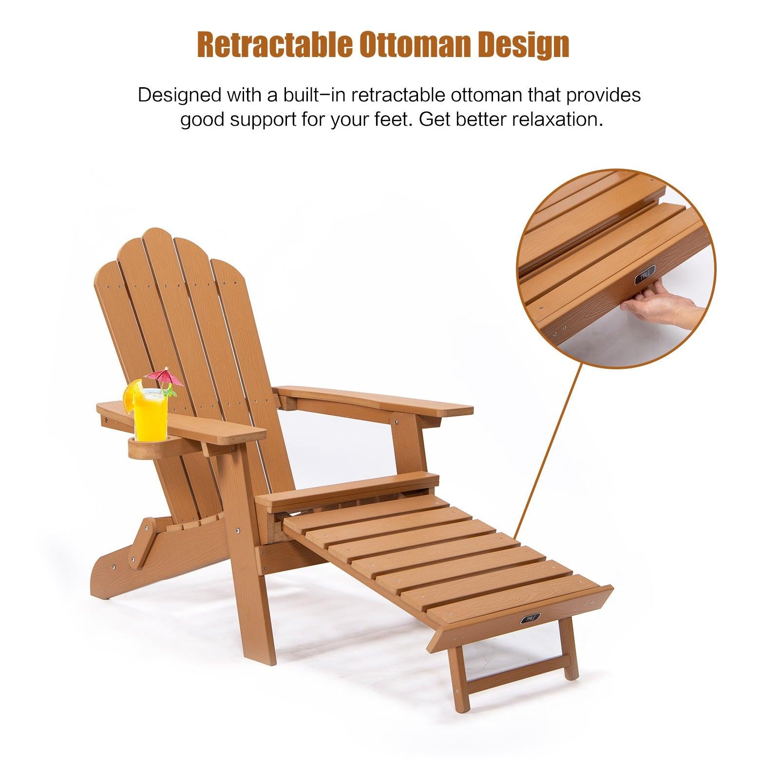 Folding Outdoor Poly Lumber Adirondack Chair with Pullout Ottoman and Cup Holder - Brown