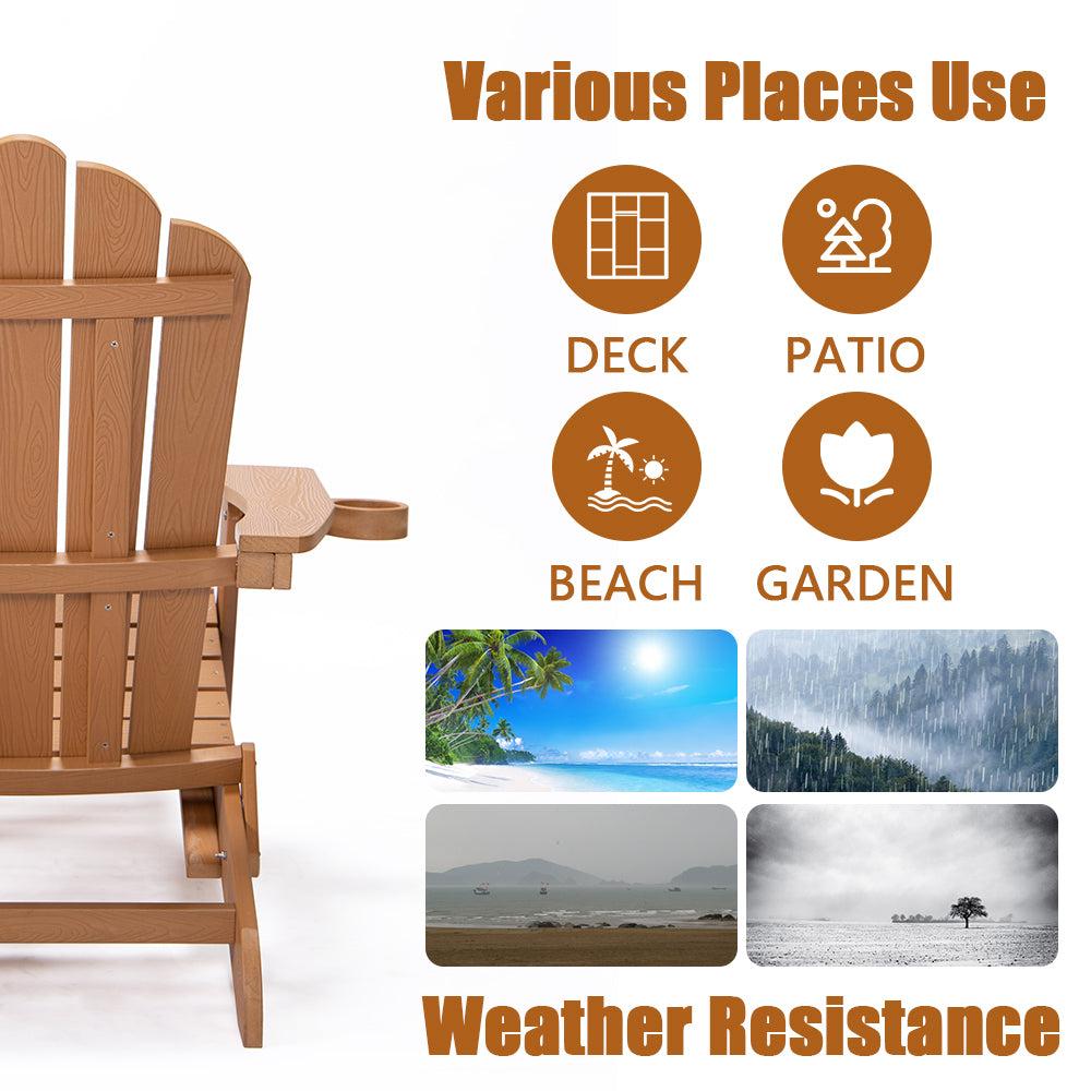 Folding Outdoor Poly Lumber Adirondack Chair with Pullout Ottoman and Cup Holder - Brown