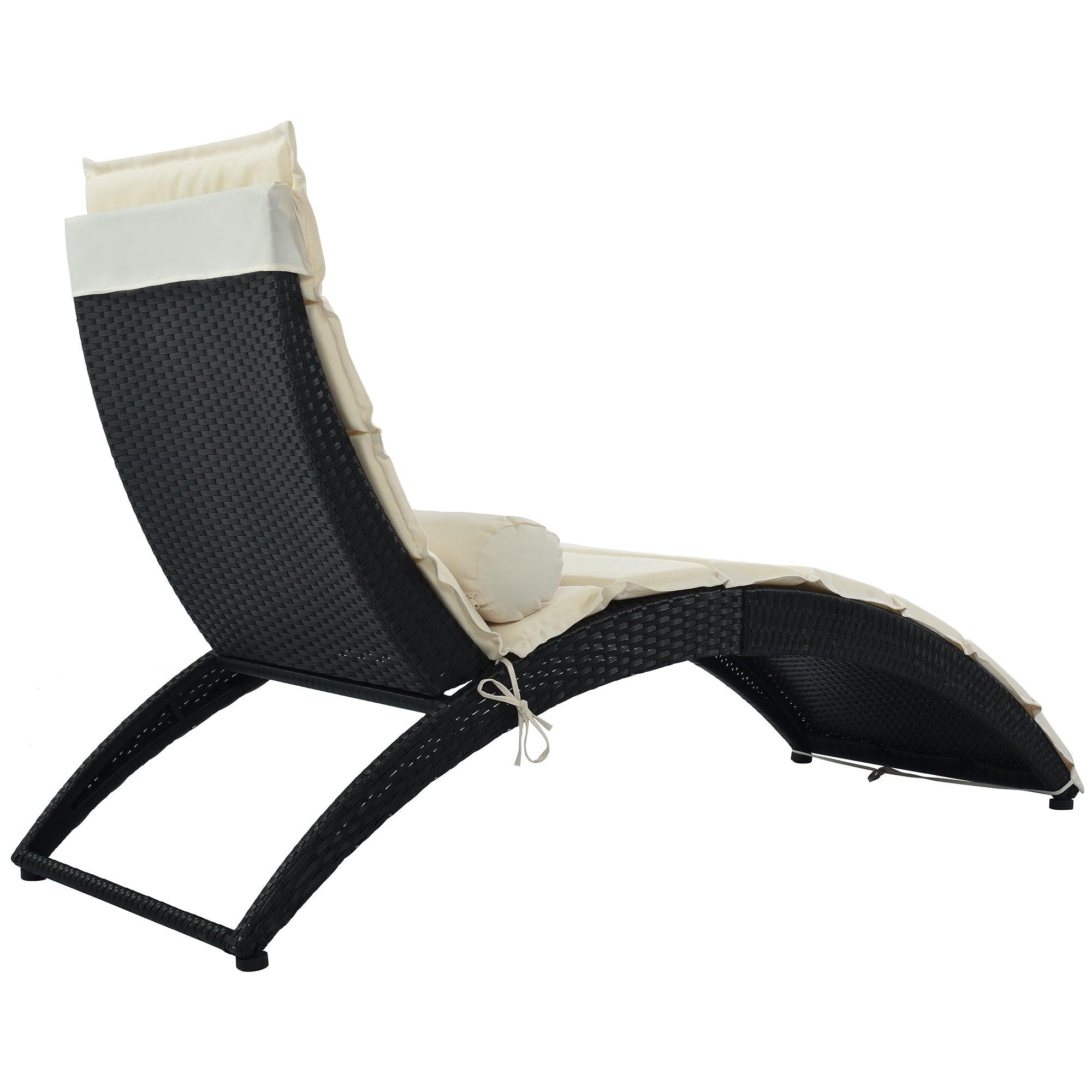 Outdoor Patio PE Rattan Wicker Sun Foldable Chaise Lounger with Removable Beige Cushion and Bolster Pillows