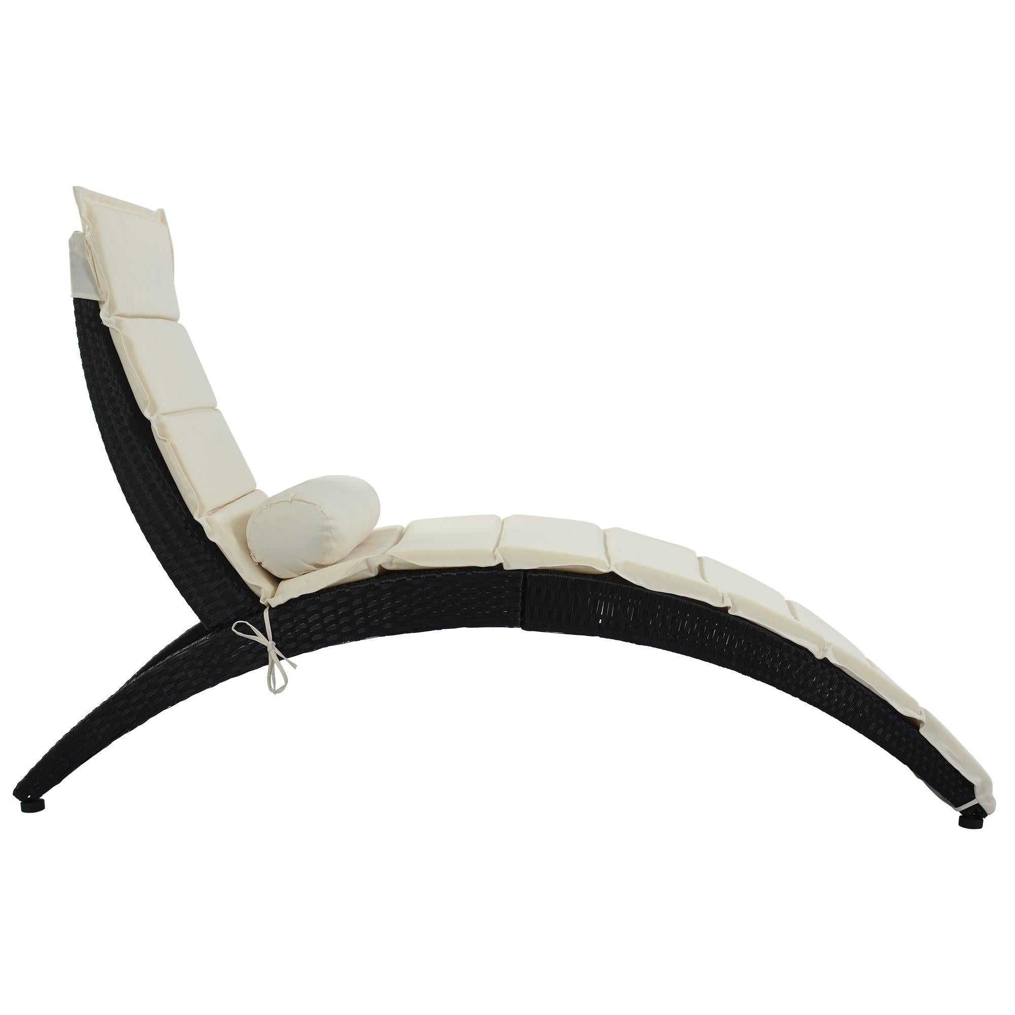 Outdoor Patio PE Rattan Wicker Sun Foldable Chaise Lounger with Removable Beige Cushion and Bolster Pillows