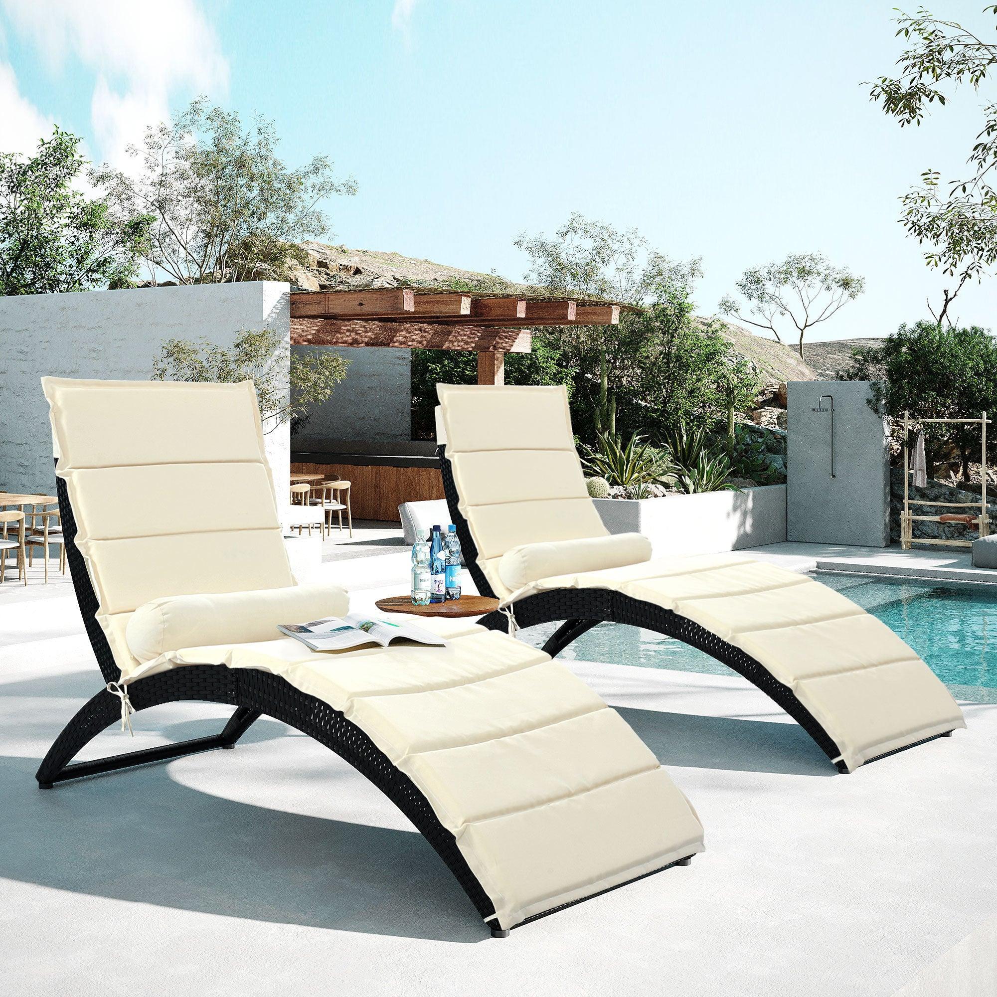 2 PCS Outdoor Patio PE Rattan Wicker Sun Foldable Chaise Lounger with Removable Beige Cushion and Bolster Pillows image