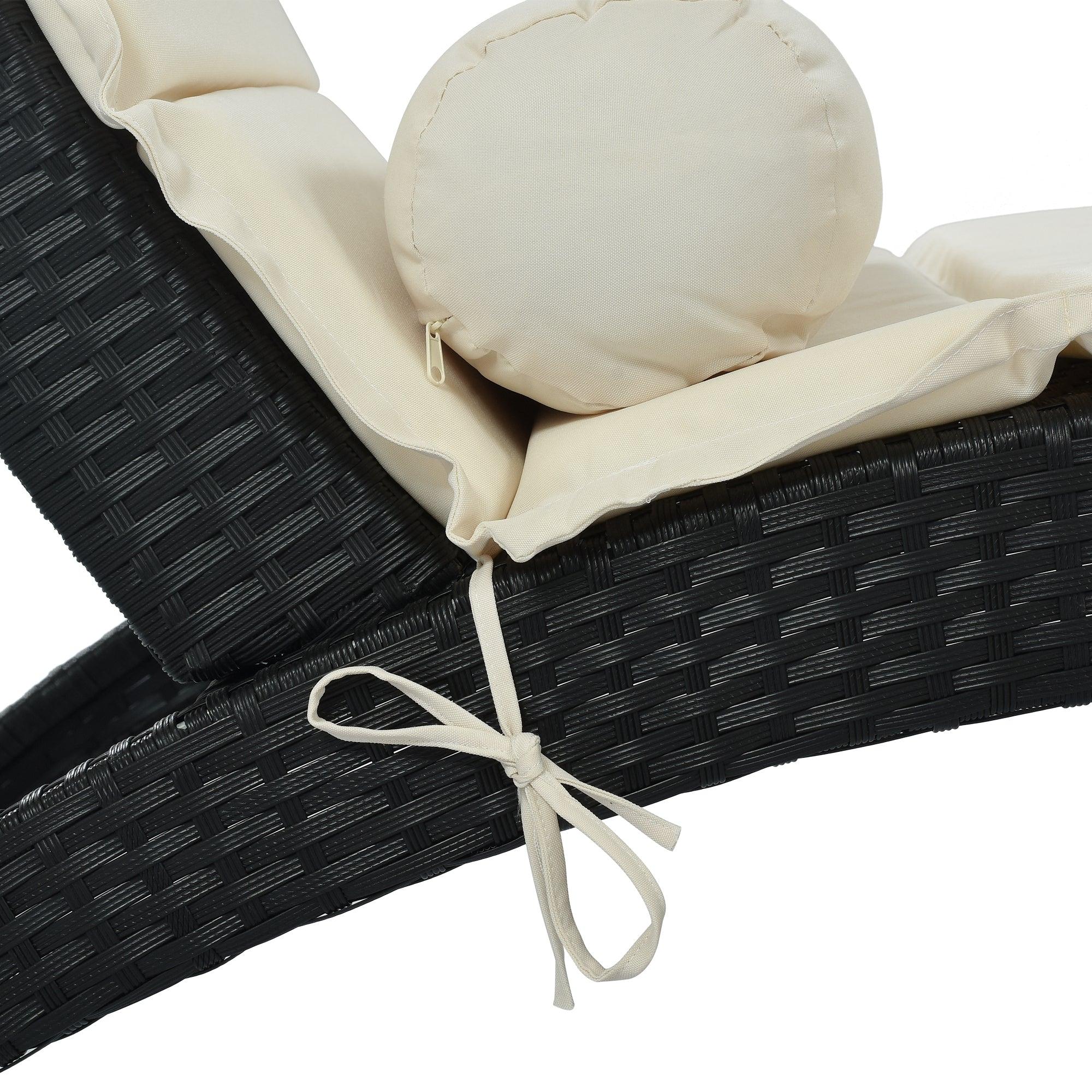 Outdoor Patio PE Rattan Wicker Sun Foldable Chaise Lounger with Removable Beige Cushion and Bolster Pillows