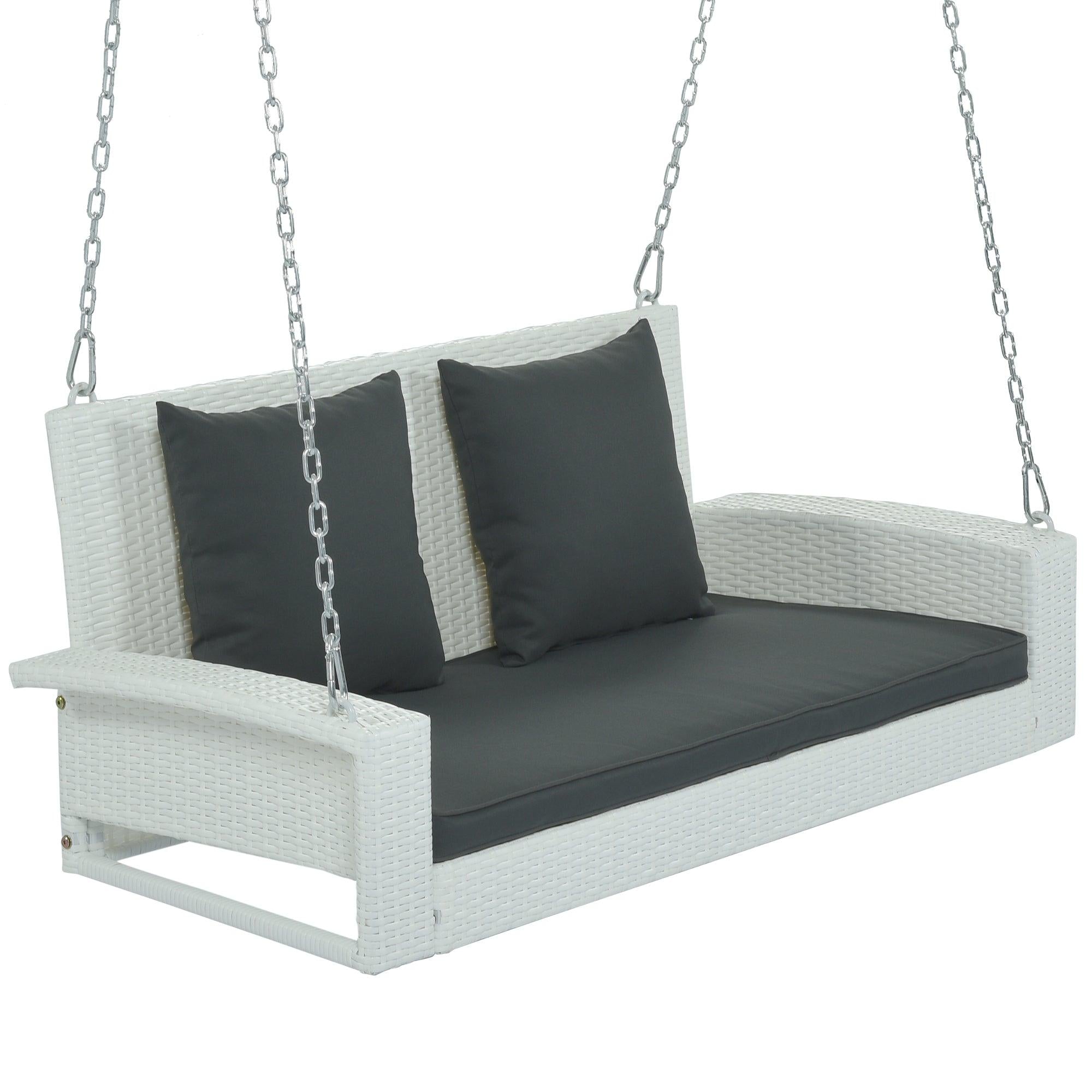 2-Person White Wicker Hanging Porch Swing with Chains, Black Cushions and Pillows