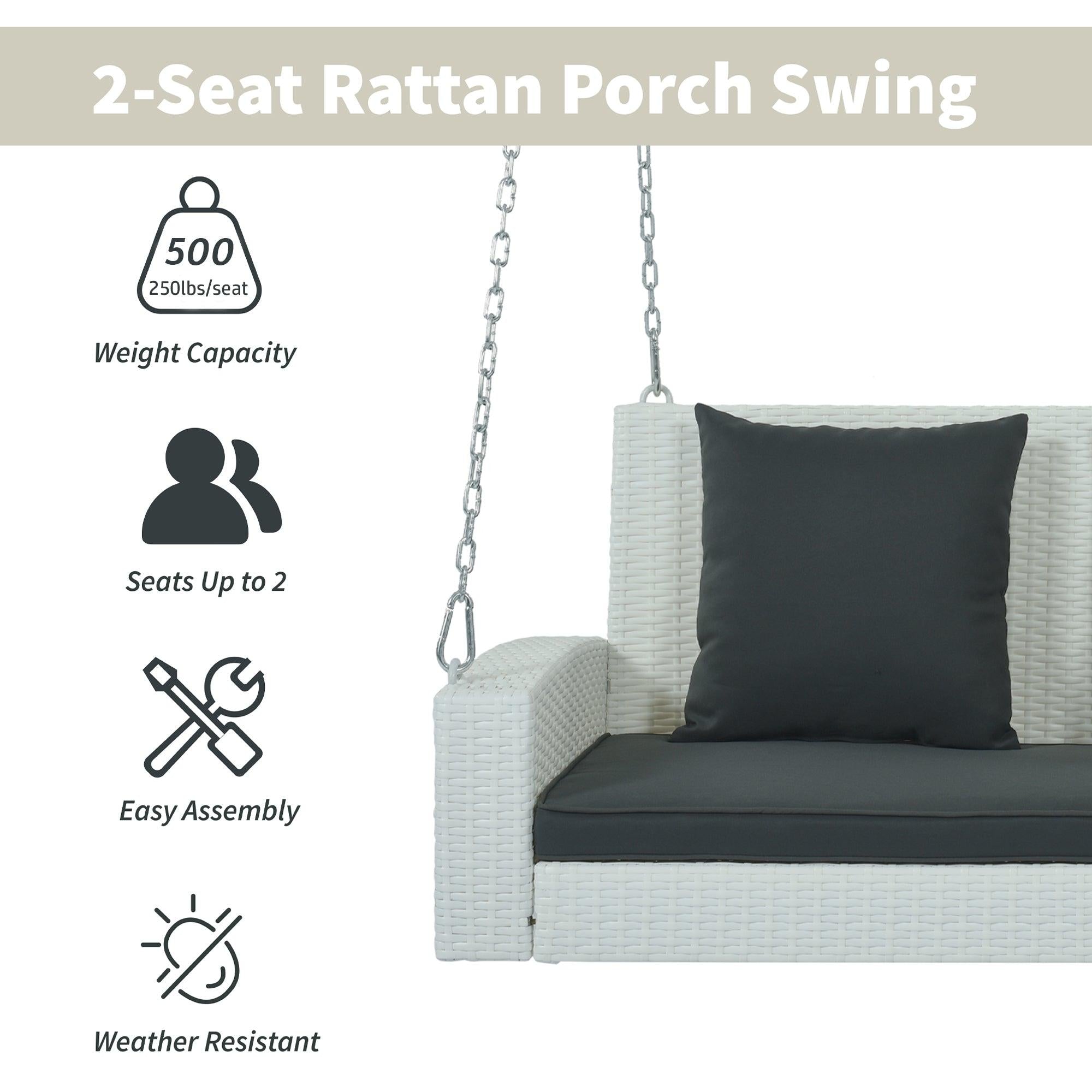 2-Person White Wicker Hanging Porch Swing with Chains, Black Cushions and Pillows