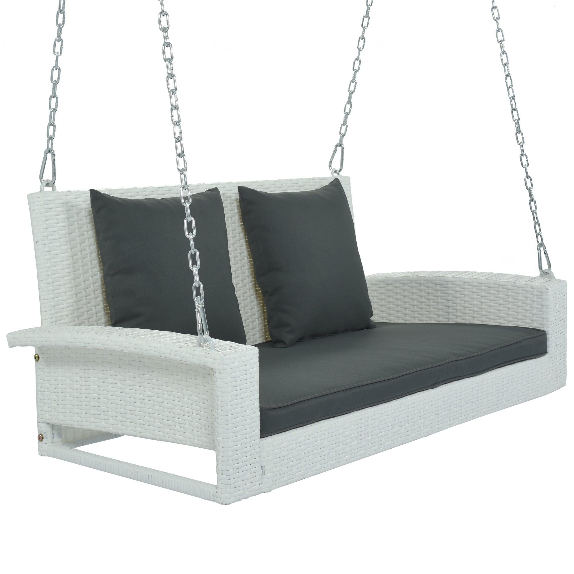 2-Person White Wicker Hanging Porch Swing with Chains, Black Cushions and Pillows